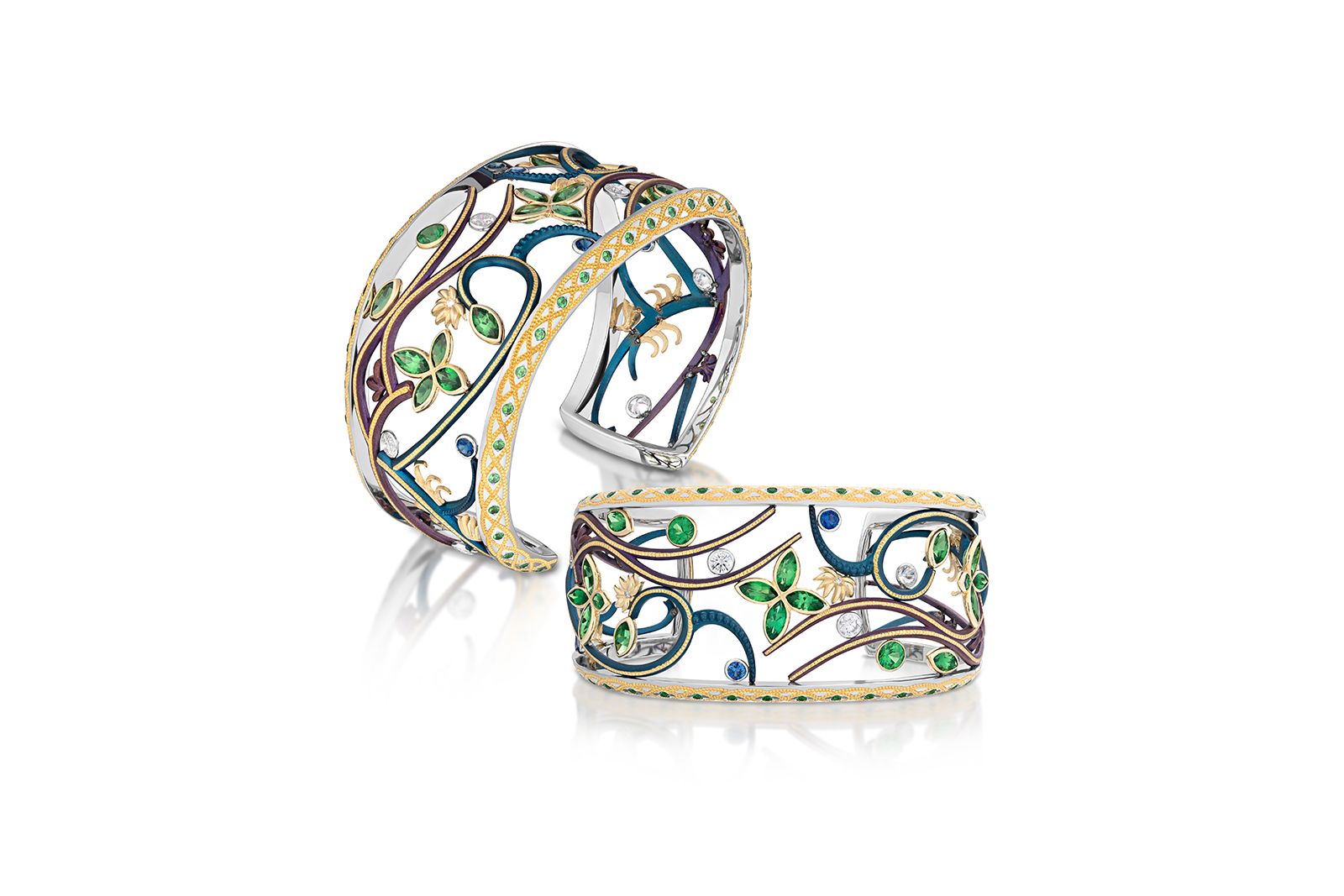  AGTA Spectrum Awards™ 2022 Business/Day Wear 1st Place - Zoltan David Into the Mystic cuff bracelet with polished steel, iridescent blue and purple steel, platinum, 18K and 24K gold inlay with 5.60 carats of round and marquise-shaped tsavorites, accented with blue sapphires and diamonds