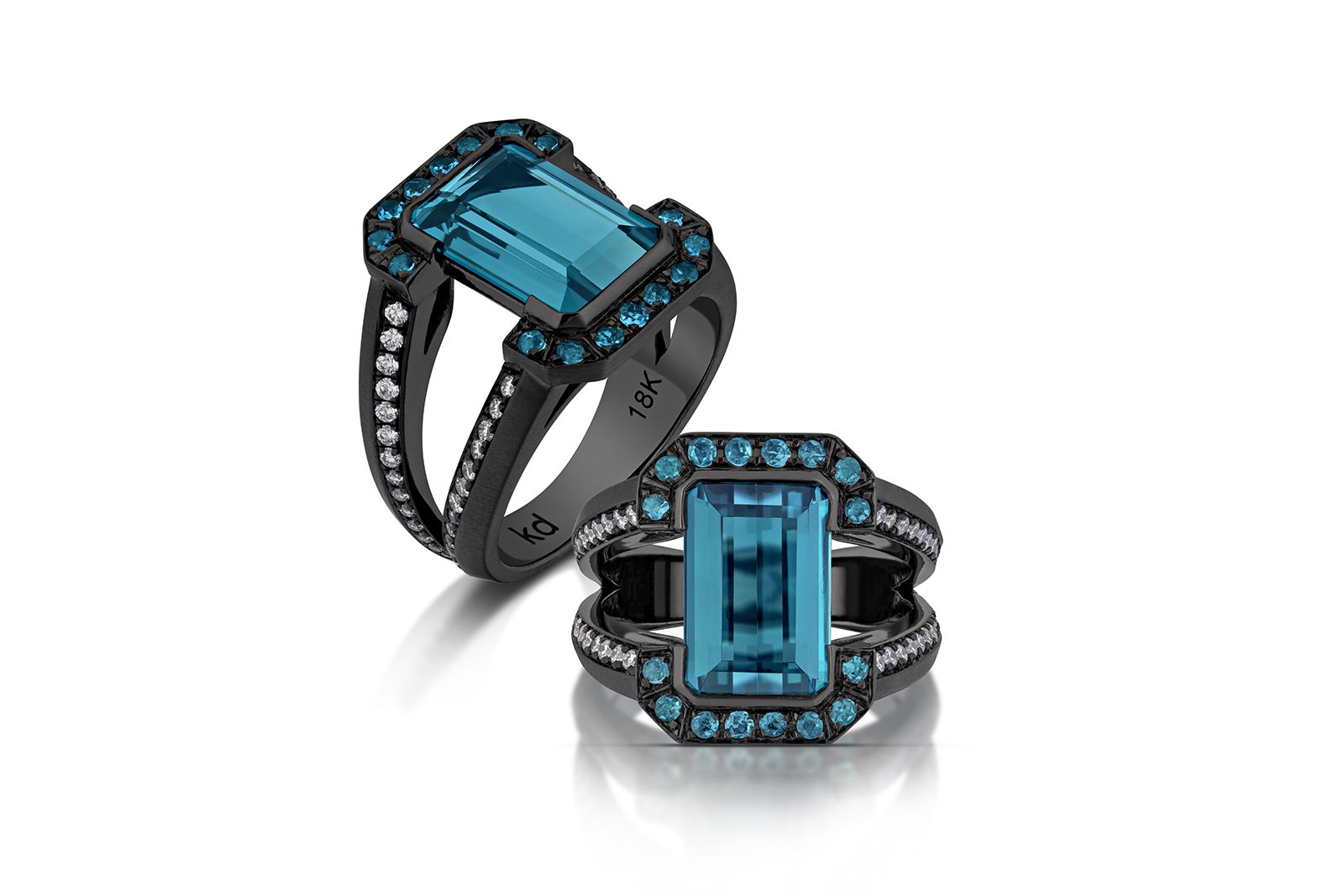  AGTA Spectrum Awards™ 2022 Editor’s Choice – Spectrum & Classical - 3rd Place – Ian Delucca of Khobe Delucca Art Deco ring in ruthenium-plated 18k yellow gold with blue emerald-cut tourmaline of 4.84 carats, round tourmaline and diamonds