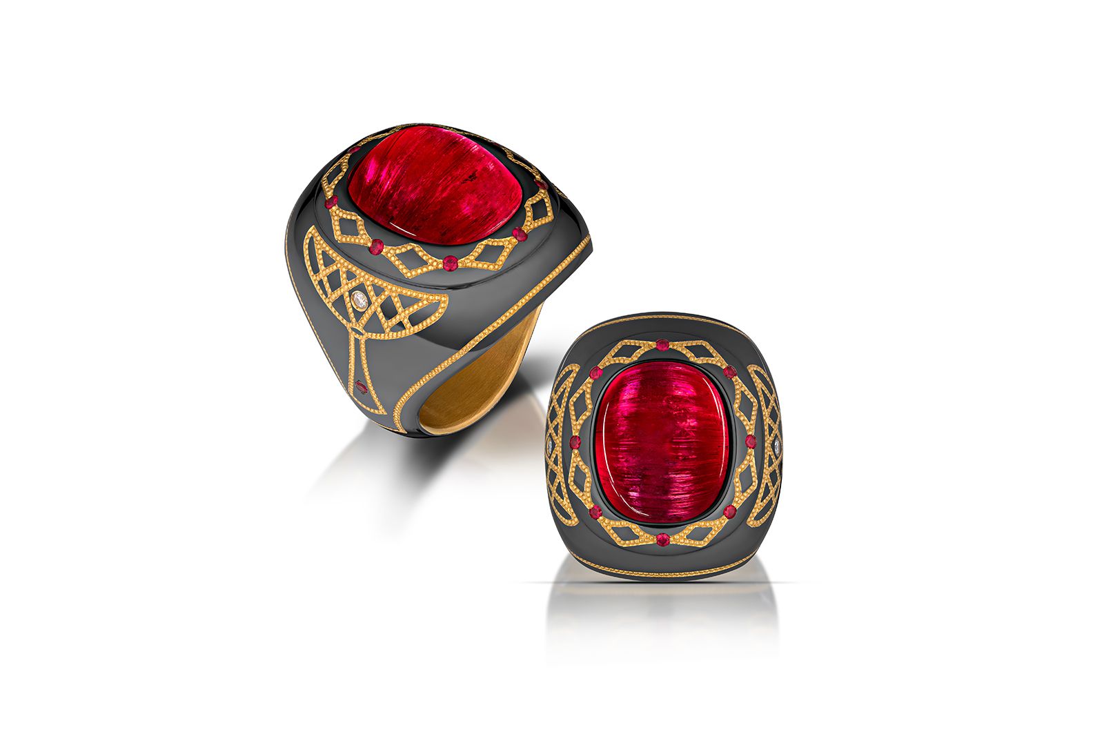 AGTA Spectrum Awards™ 2022 Men’s Wear 1st Place - Zoltan David The Kings Ring with a 29.09 carat purple-red cabochon tourmaline with red spinels, diamond and inlay bead gold 
