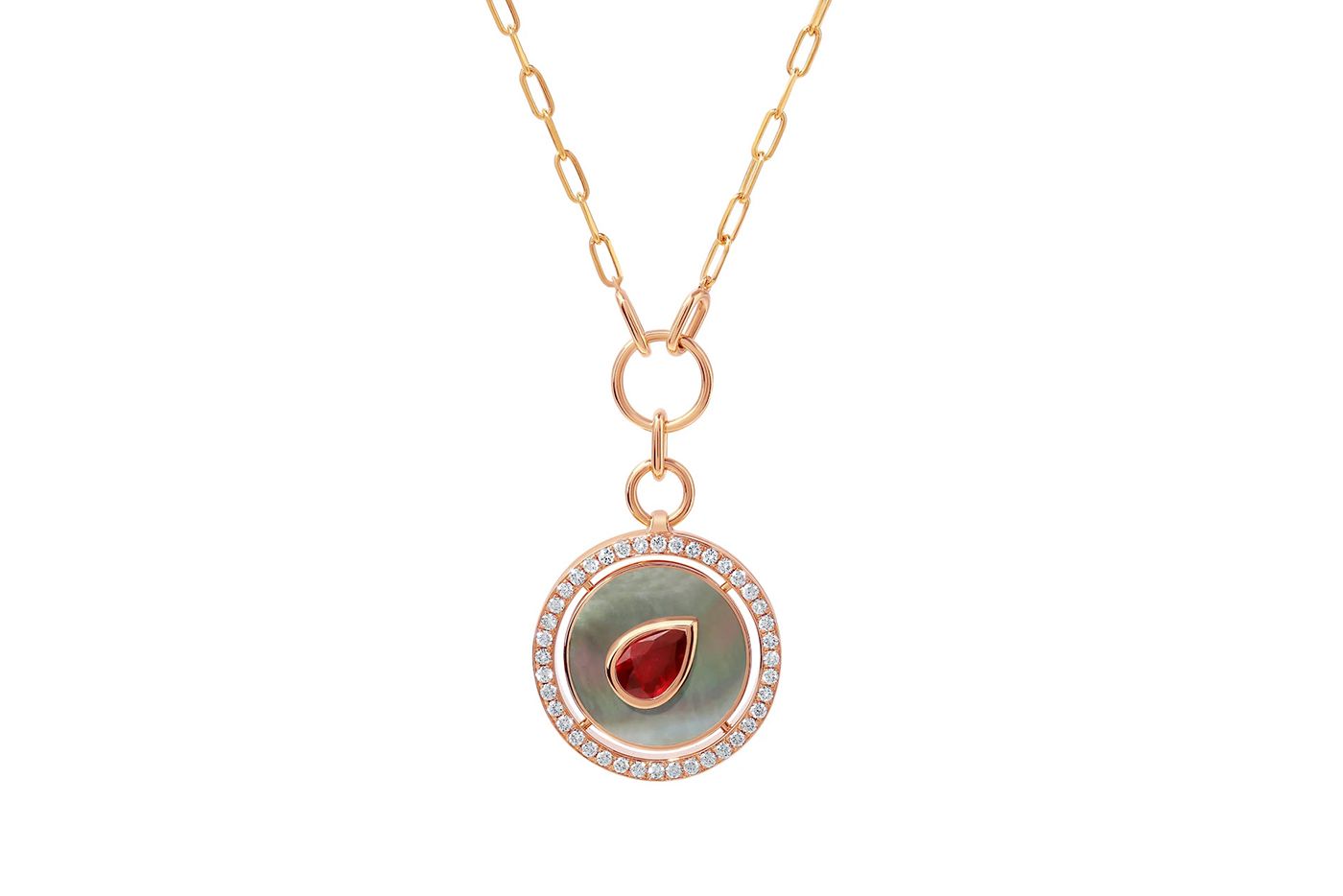  State Property Aebi Blood Moon necklace with a 0.49 carat pear-shaped ruby, white diamonds and peacock mother of pearl in 18k rose gold   