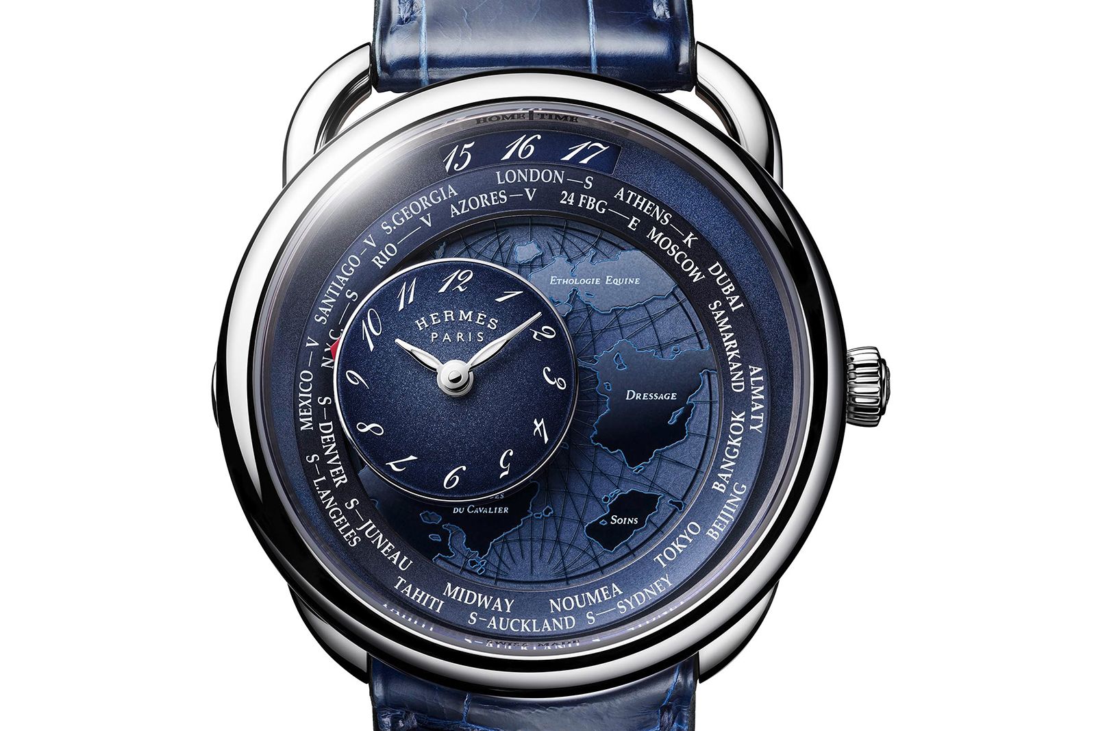Hermès Arceau Le Temps Voyageur “Planisphère d’un monde équestre” motif designed by Jérôme Colliard