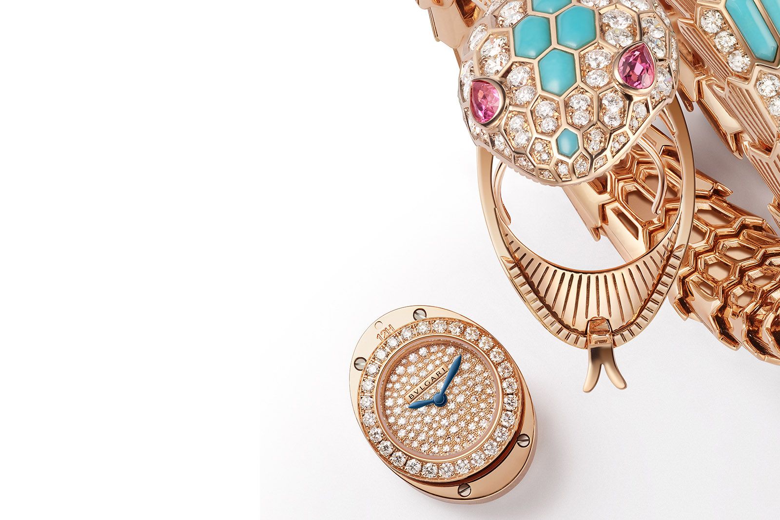  Bulgari Serpenti Misteriosi High Jewellery Watch featuring a rose gold case set with brilliant-cut diamonds and turquoise inserts, 2 pear-cut rubellites and a diamond-paved dial