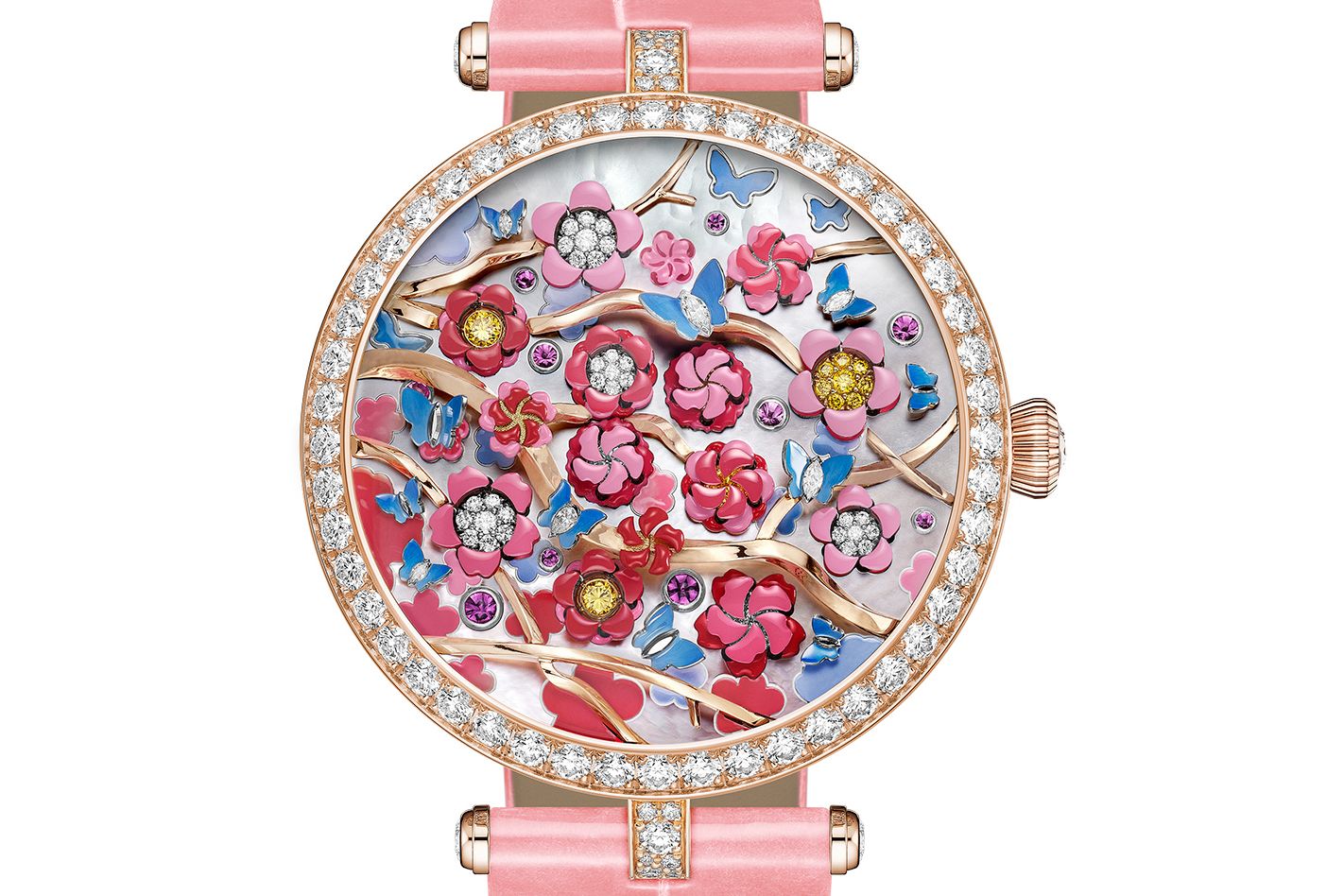Van Cleef & Arpels Lady Arpels Heures Florales Cerisier watch 38mm crafted in white gold, rose gold, yellow gold, white diamonds, pink sapphires, yellow diamonds, white mother-of-pearl, miniature painting, Automatic mechanical movement, fitted with a module opening the flowers for the hours and a lateral display for the minutes, on a shiny pink alligator strap 