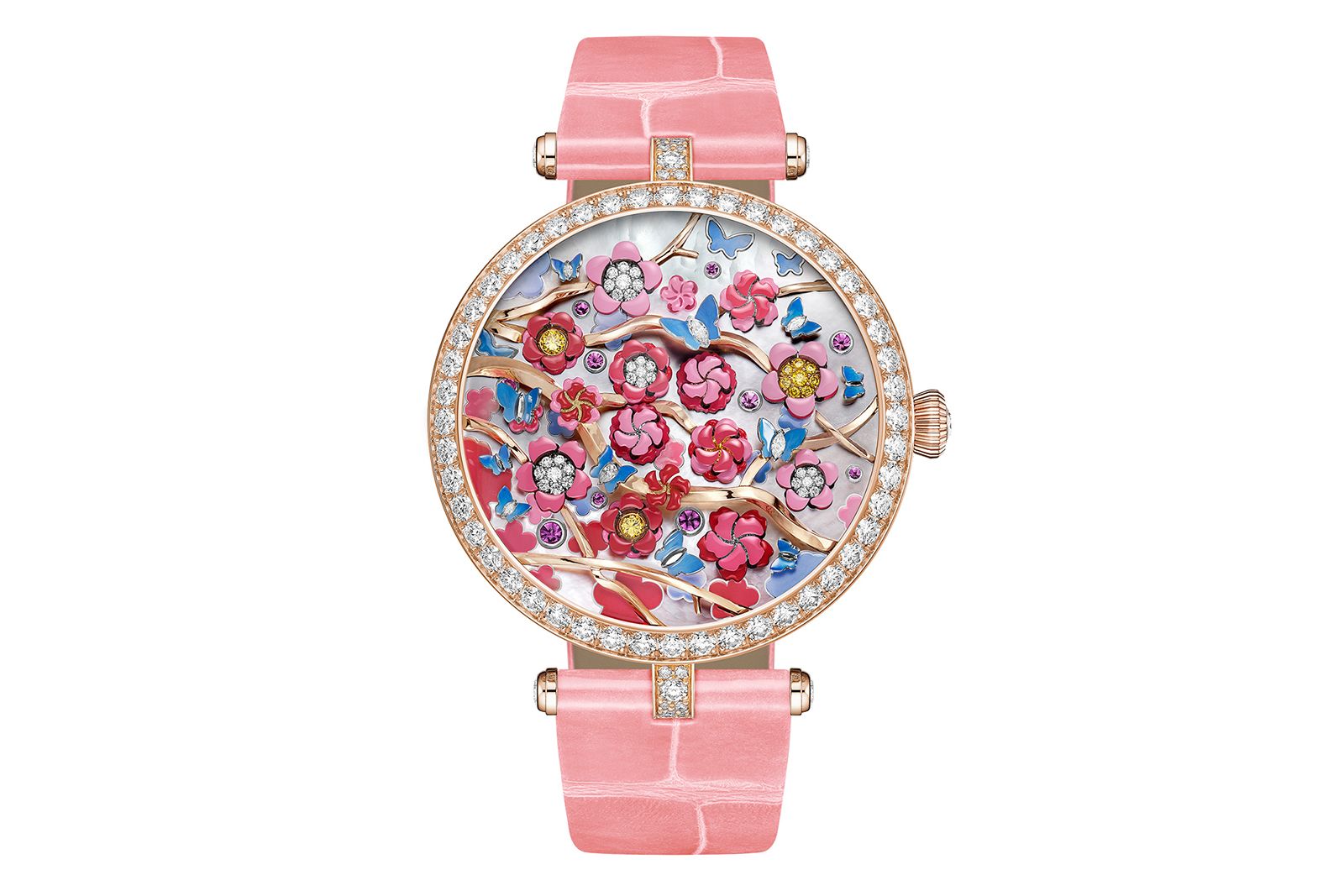  Van Cleef & Arpels Lady Arpels Heures Florales Cerisier watch 38mm crafted in white gold, rose gold, yellow gold, white diamonds, pink sapphires, yellow diamonds, white mother-of-pearl, miniature painting, Automatic mechanical movement, fitted with a module opening the flowers for the hours and a lateral display for the minutes, on a shiny pink alligator strap 
