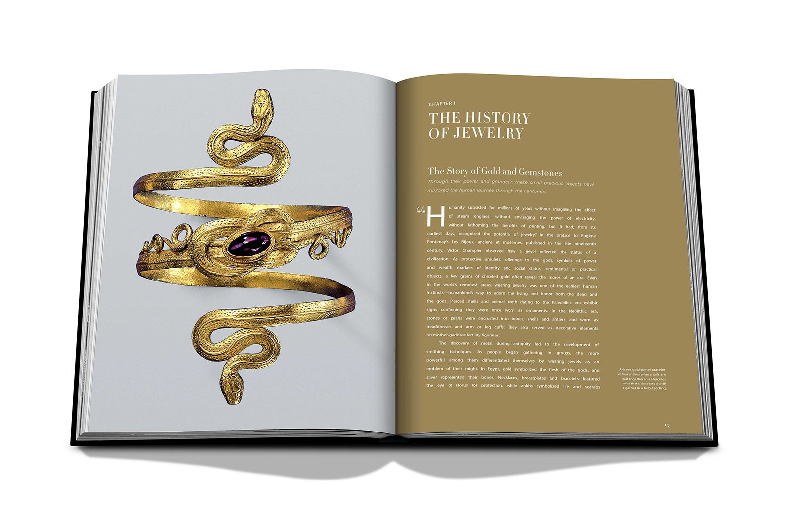  Inside shot of the Jewelry Guide -The Ultimate Compendium by Fabienne Reybaud featuing an image of a Greek gold spinel bracelet of two snakes whose tails are tied together in a Hercules knot that's decorated with a garnet in a bezel setting