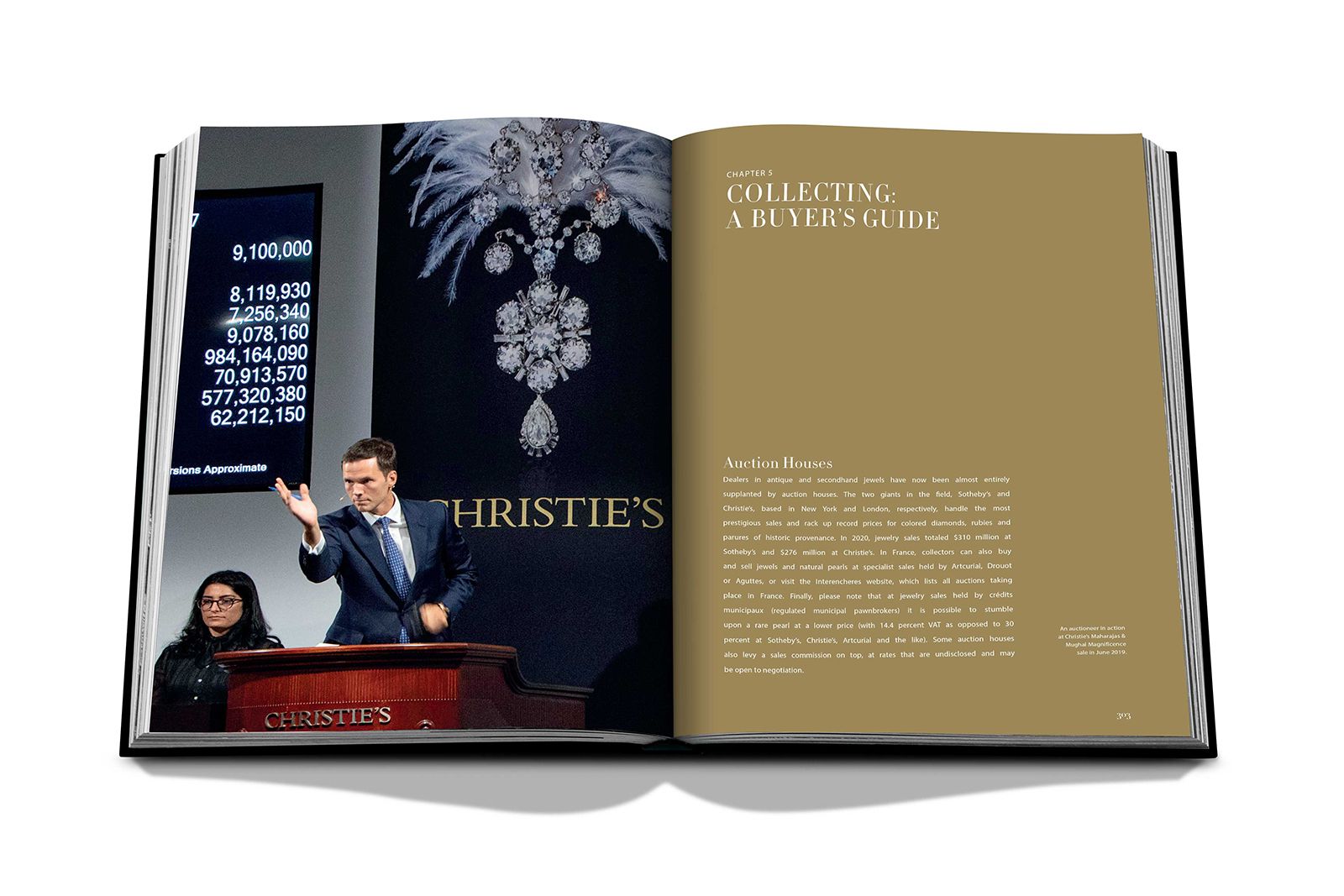  Inside shot of the Jewelry Guide -The Ultimate Compendium by Fabienne Reybaud featuing an image of an auctioneer in action at Christie's Maharaja & Mughal Magnificence sale in June 2019
