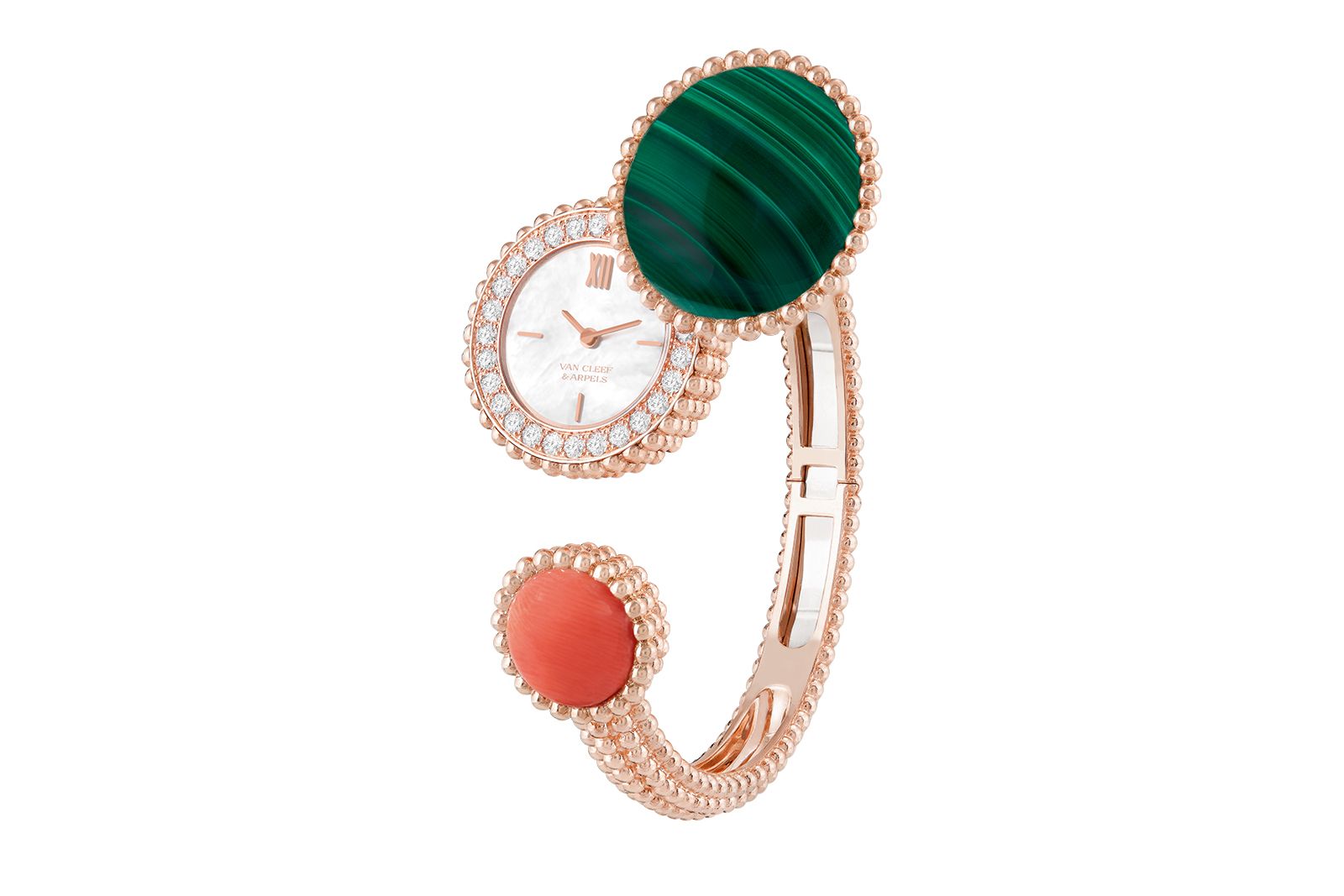   Van Cleef & Arpels Perlée Toi & Moi secret watch in rose gold, diamond, malachite, coral and white mother- of-pearl 