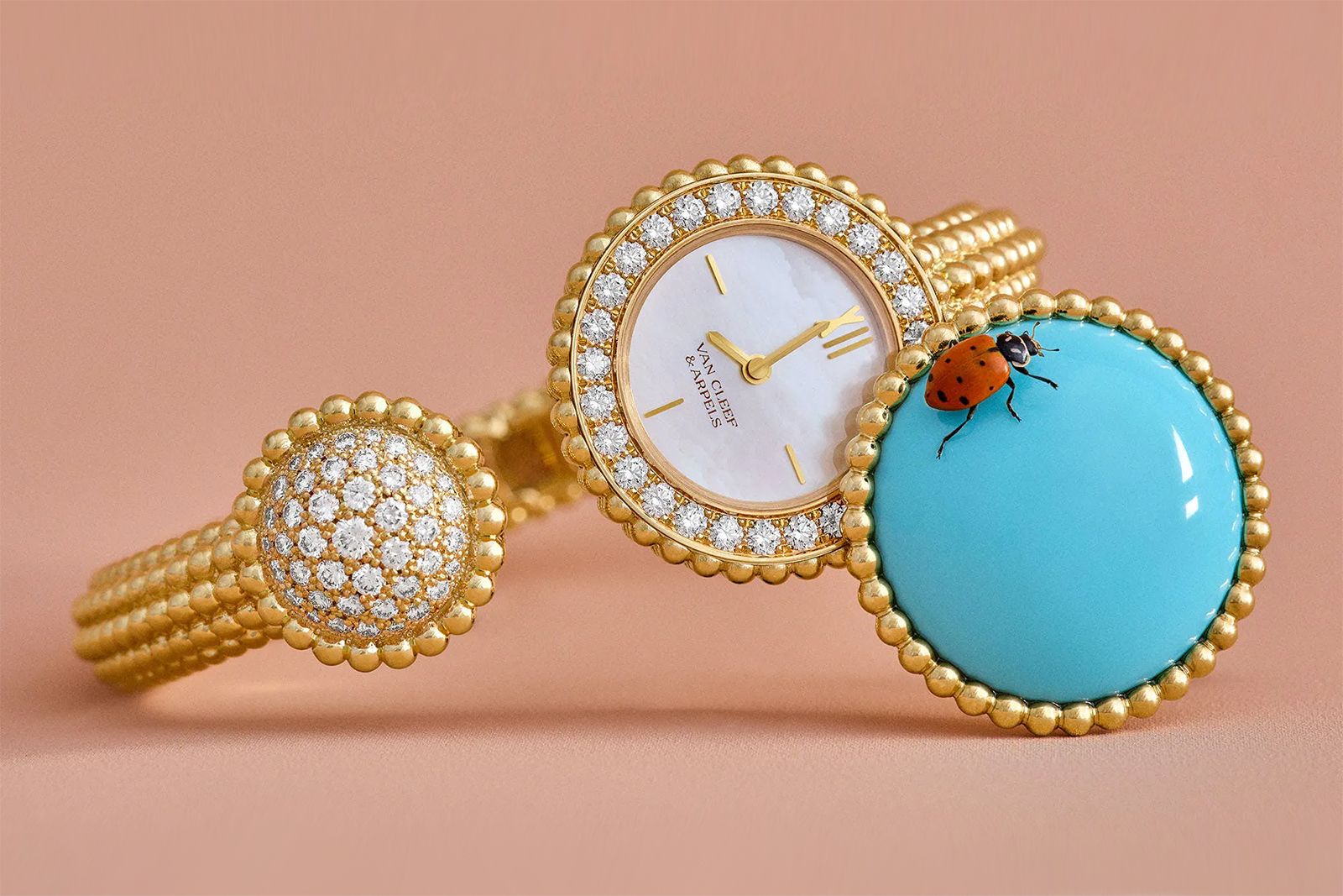 Van Cleef & Arpels Perlée Toi & Moi secret watch in yellow gold, diamond, turquoise and white mother-of-pear