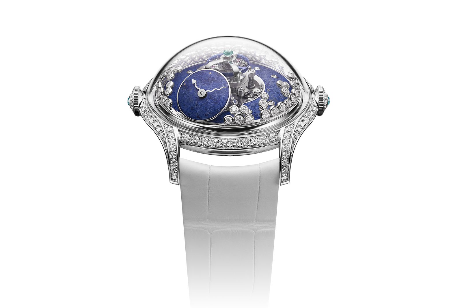 MB&F X Emmanuel Tarpin Legacy Machine FlyingT 'Blizzard' edition watch in white gold, diamond, Paraiba tourmaline and a high domed sapphire crystal case on an alligator leather strap 