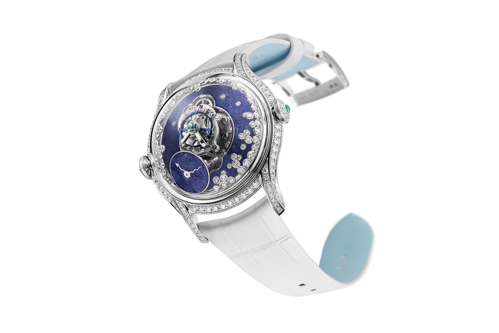  Both time pieces feature a white gold paved pin buckle on the strap, to matching the case