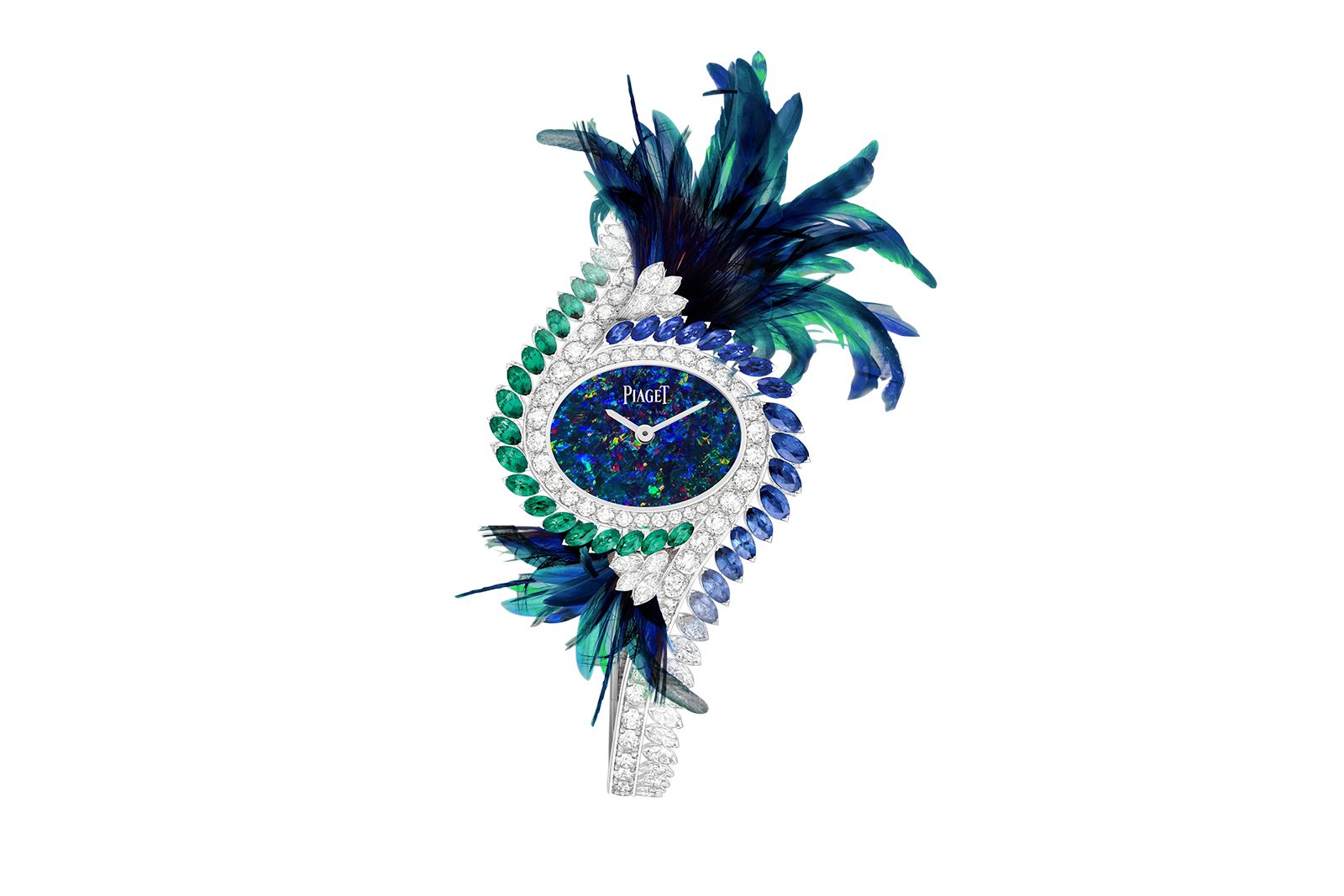 Piaget Extravagant Touch Transformable High Jewellery watch in white gold, sapphire, emerald, diamond, black opal and feathers 