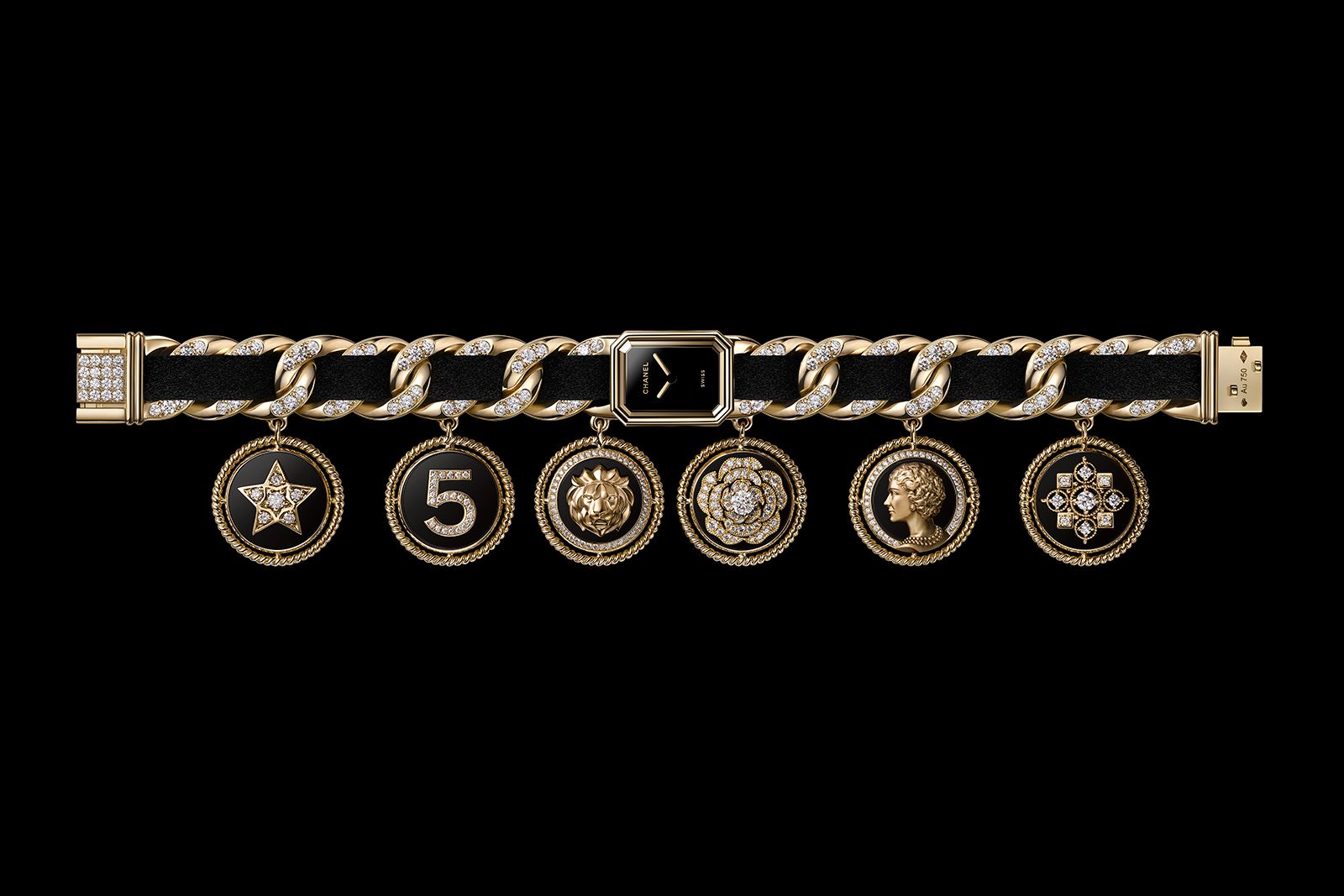  Chanel Hors-Série PREMIÈRE Chain Charms watch has 6 charms in yellow gold, onyx and diamonds representing symbols of the House: number 5, lion, camellia, Gabrielle Chanel, comet and byzantine motif