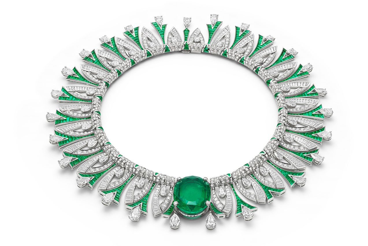  Bulgari Tribute to Paris High Jewellery necklace with a Colombian emerald cabochon of 35.53 carats, six pear-shaped diamonds of 6.08 carats, plus many more carats of buff top emeralds, fancy-cut diamonds and pavé-set stones