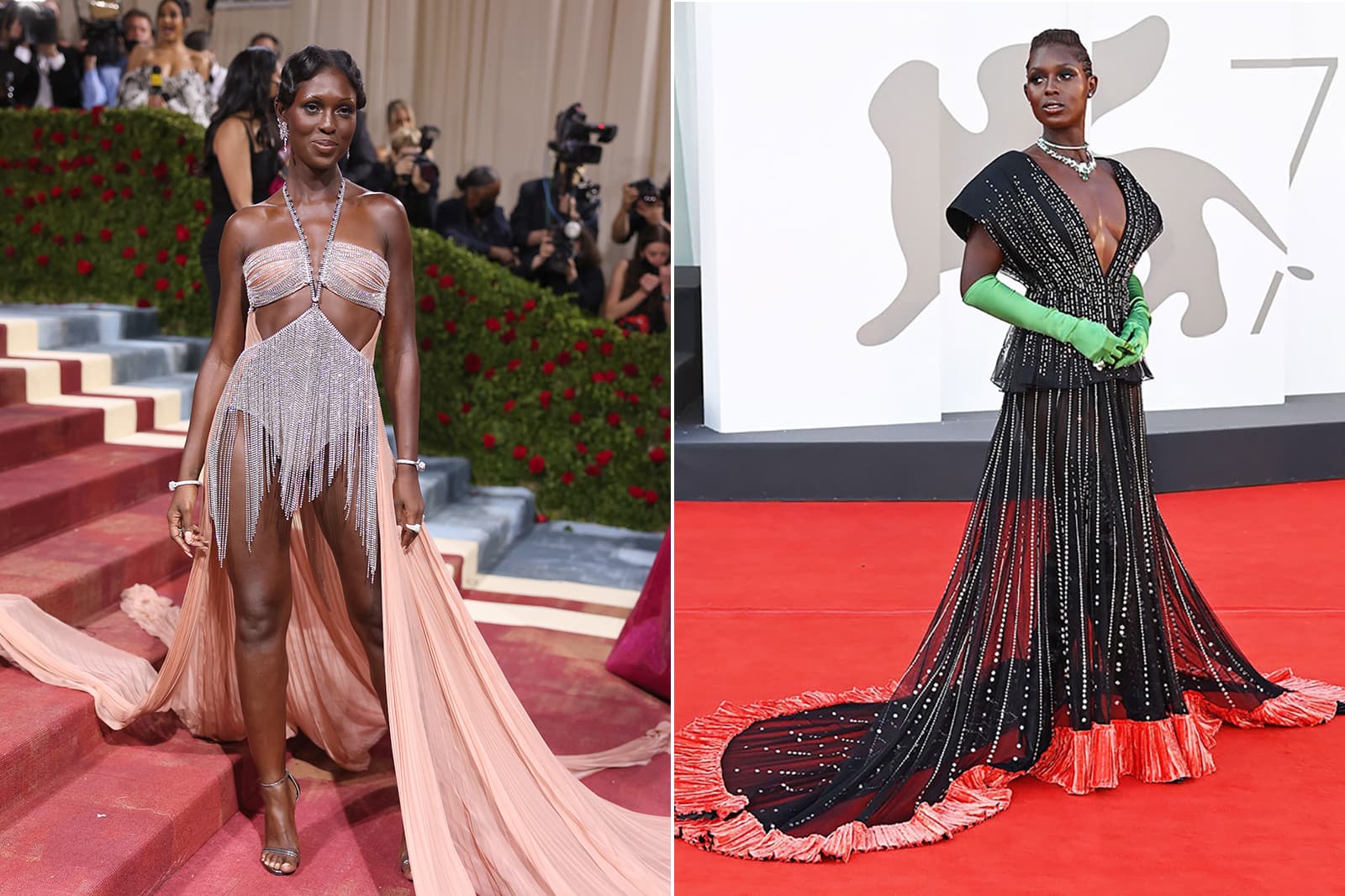 Jodie Turner-Smith wearing Gucci High Jewellery at the Met Gala (left) and the Venice Film Festival in 2022