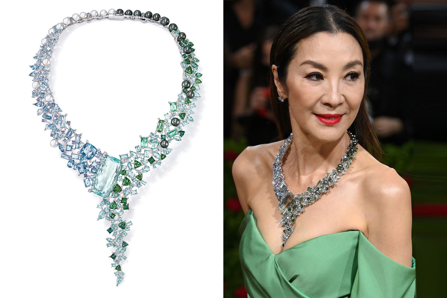 Michelle Yeoh at the Met Gala 2022 wearing the TASAKI Forest Valley necklace set with Akoya pearls, black South Sea pearls, diamonds, sapphires, tourmaline, beryl and aquamarine in platinum