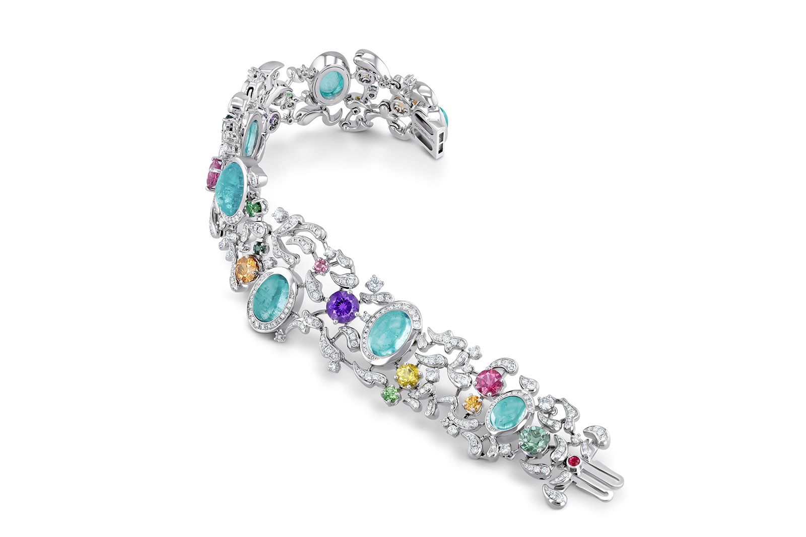  Gübelin Jewellery Grace of the Sea Anemone bracelet in white gold, Paraiba tourmaline,  beryll, tourmaline, amethyst, tsavorite, garnet and diamond 