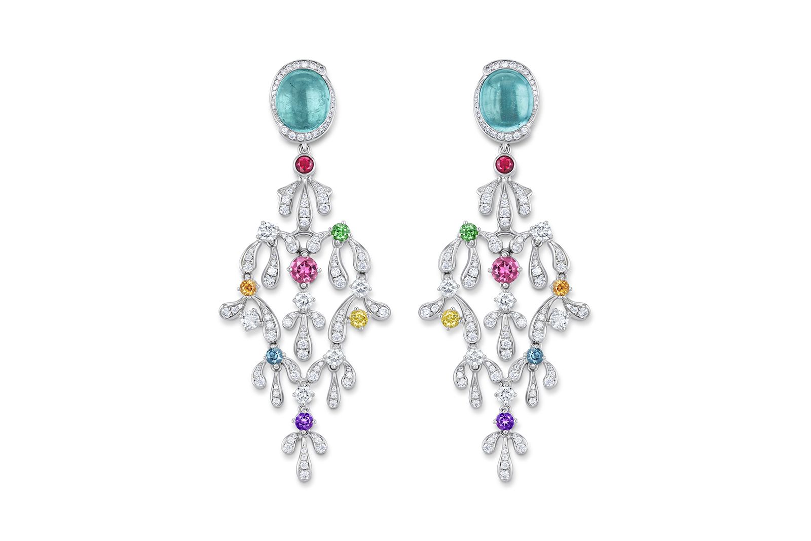  Gübelin Jewellery Grace of the Sea Anemone Chandelier earrings in white gold, Paraiba tourmaline,  beryll, amethyst, tourmaline,  garnet, tsavorite and diamond
