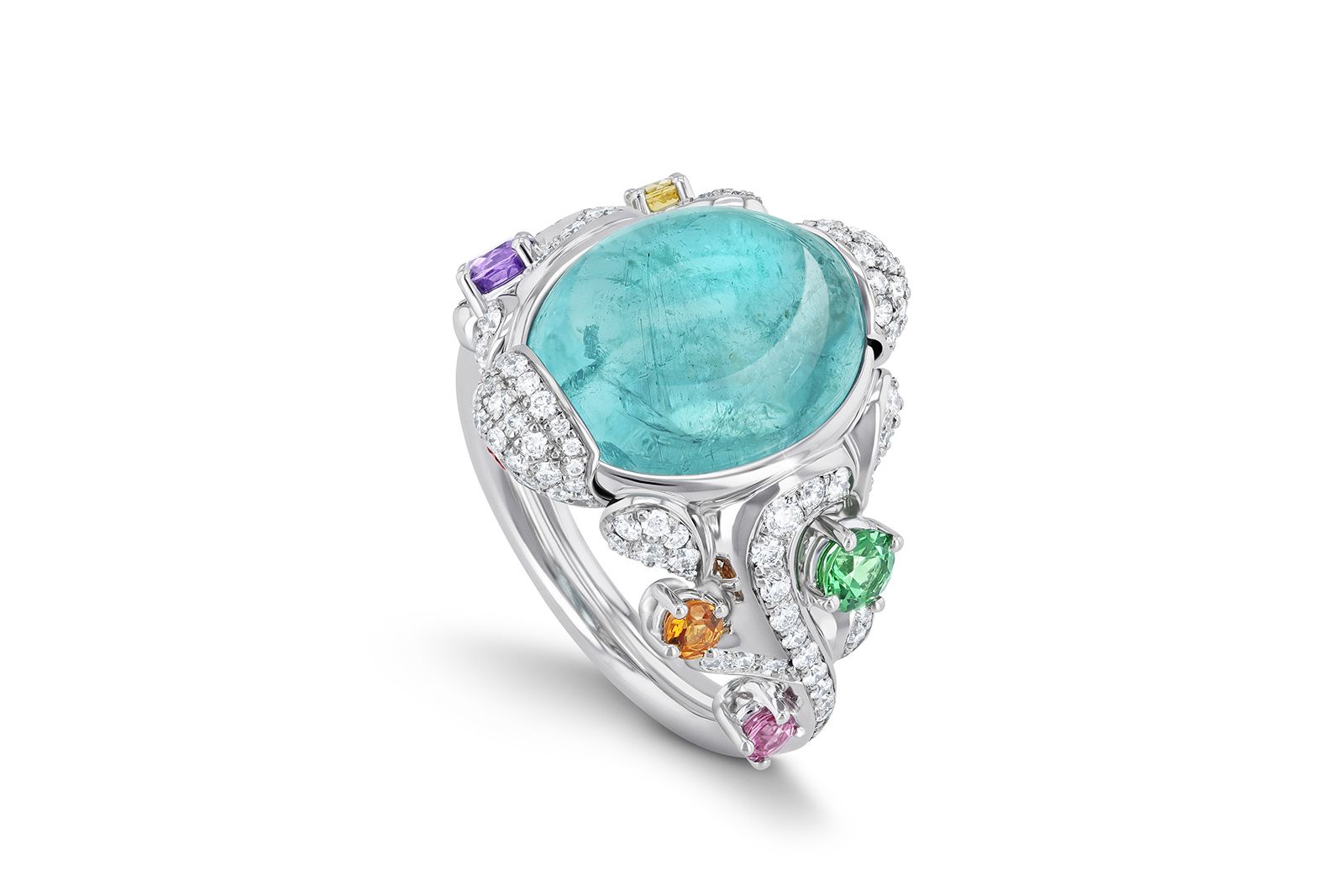  Gübelin Jewellery Grace of the Sea Anemone Cocktail ring in white gold, featuring a 7.65-ct Paraiba tourmaline, garnet, beryll, tsavorite, tourmaline, amethyst and diamond 