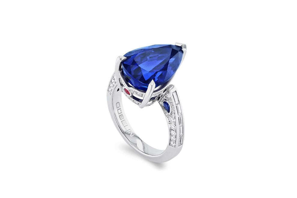  Gübelin Jewellery Eternal Blue ring in white gold and diamond featuring a pear-shaped sapphire
