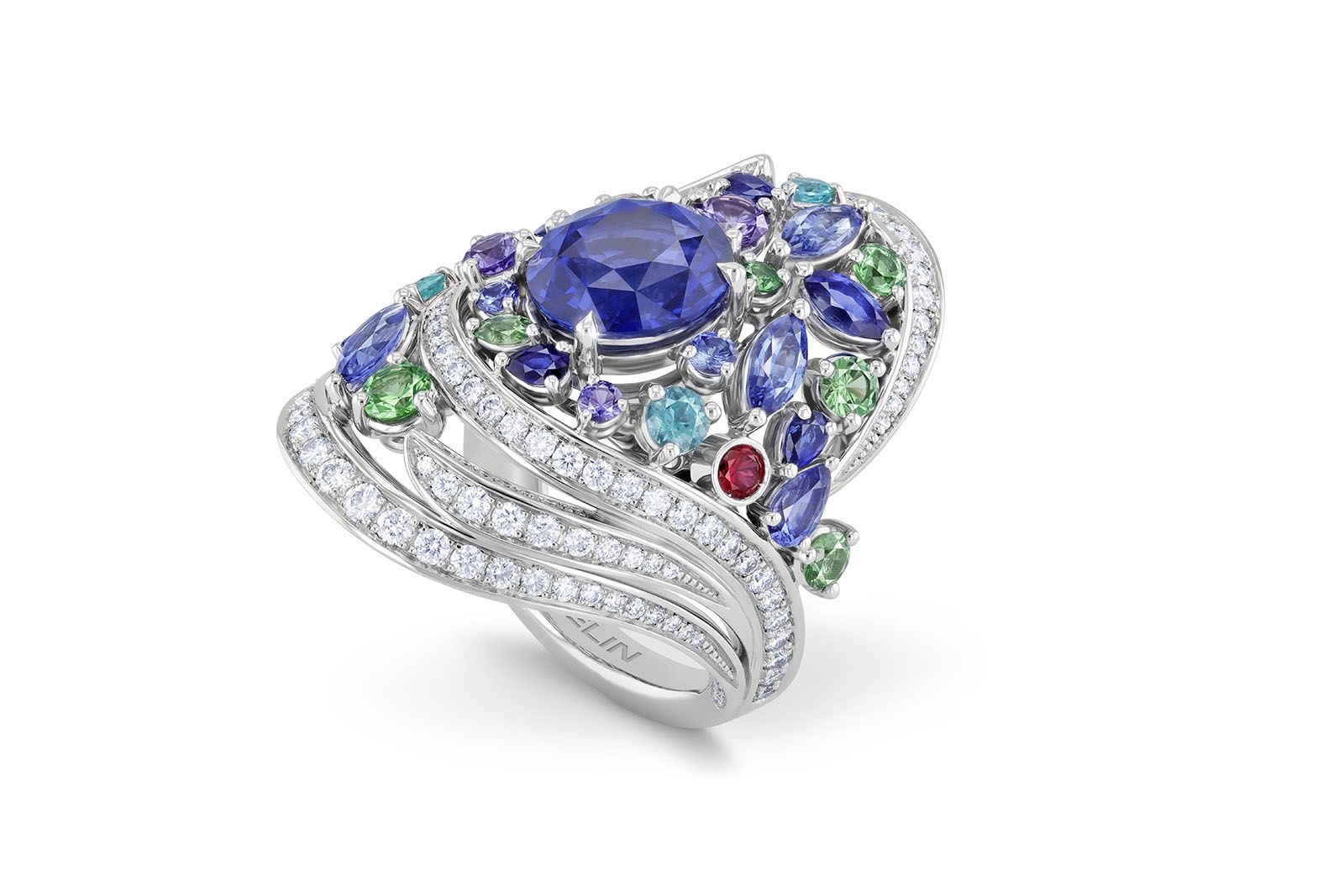  Gübelin Jewellery Splendid Feather Cocktail ring in white gold, sapphire, tsavorite and diamond