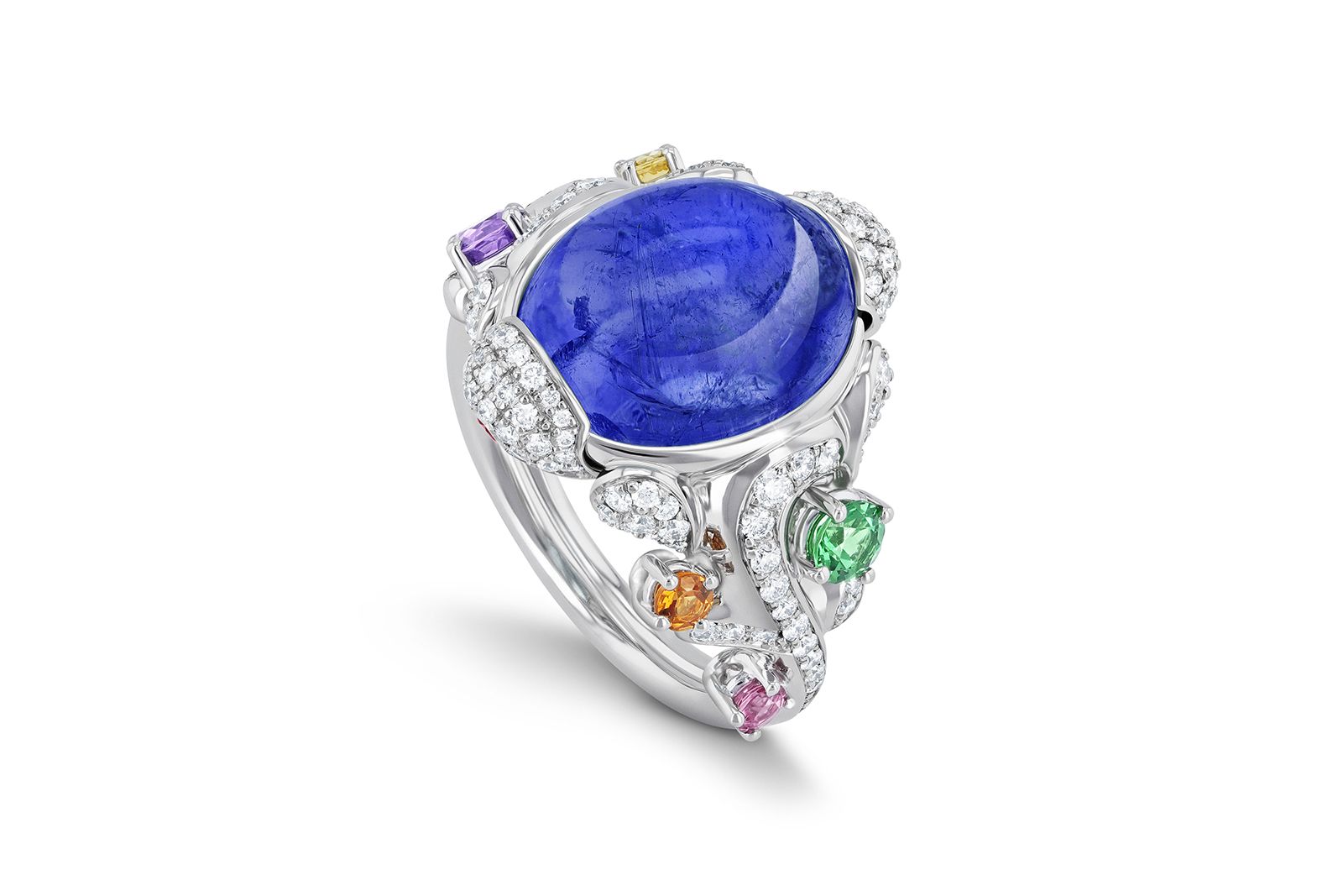 Gübelin Jewellery Grace of the Sea Anemone Ring in white gold, tanzanite, coloured gemstones and diamonds
