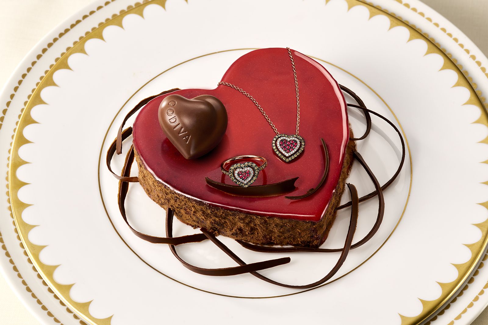  GODIVA x Le Vian collaboration of heart-shaped chocolates and fine jewellery pendant and ring