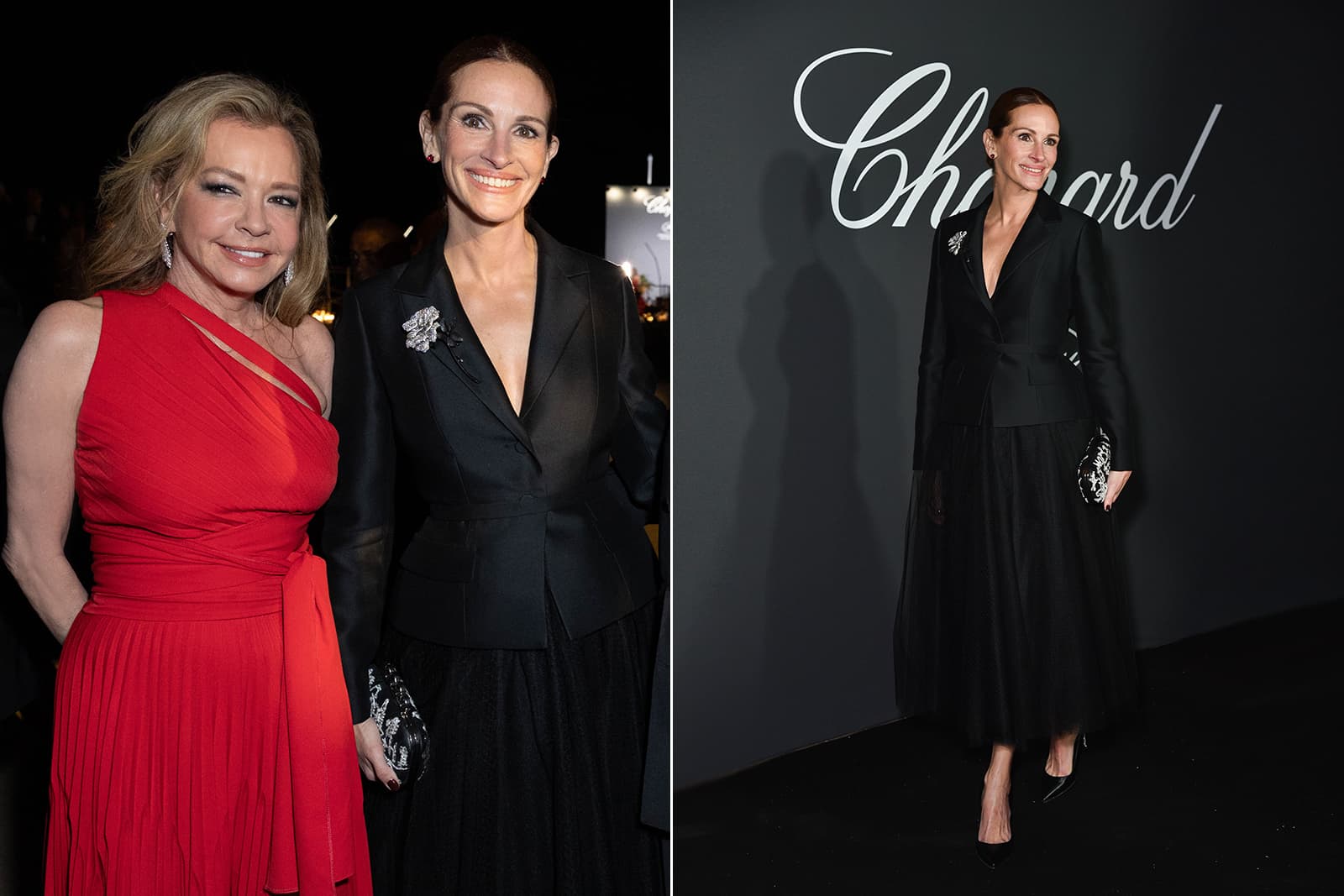  Actress Julia Roberts wearing the Rose Brooch alongside Chopard Artistic Director and c-president Caroline Scheufele
