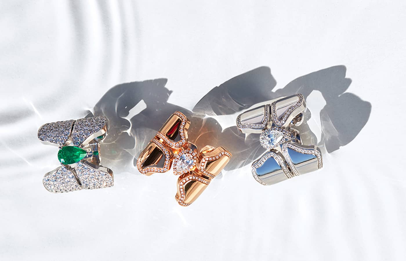  Orlov Croco Dream Skin rings in white gold, rose gold, diamond and emerald