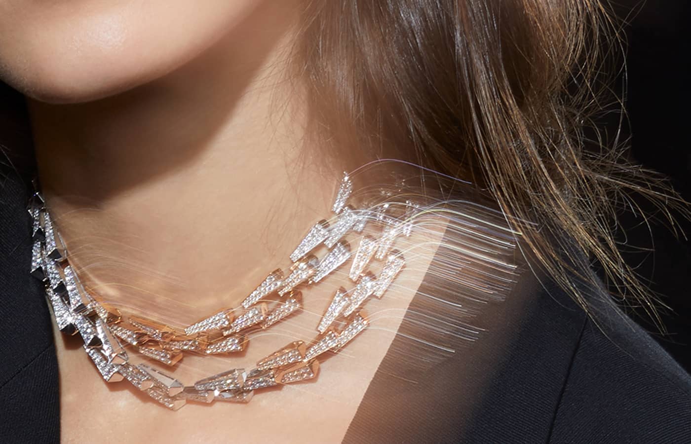  Model wearing Orlov Croco Dream Spike necklace in rose gold and diamond