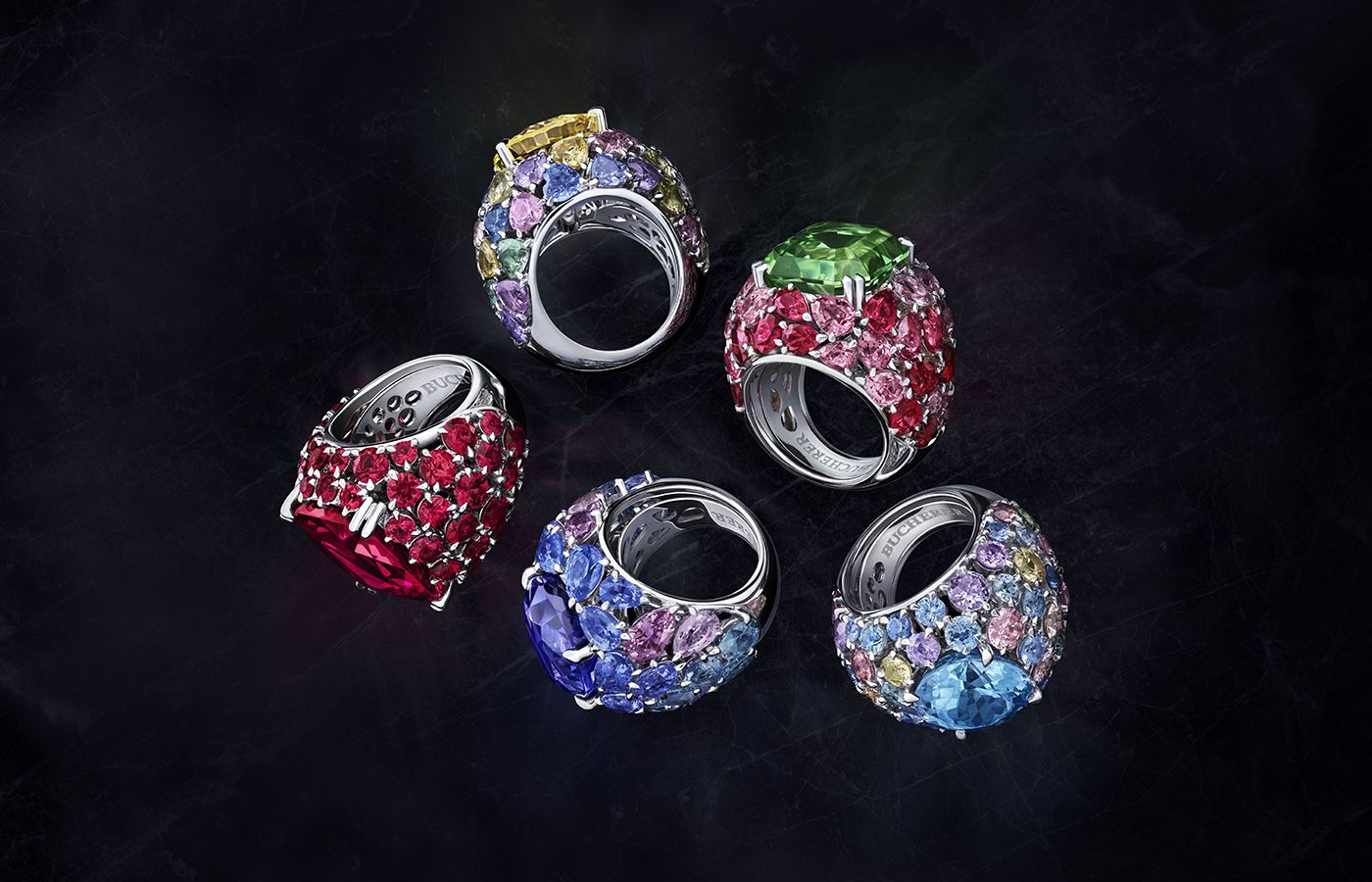  Bucherer Fine Jewellery Cocktail rings in white gold, diamond and precious coloured gemstones 