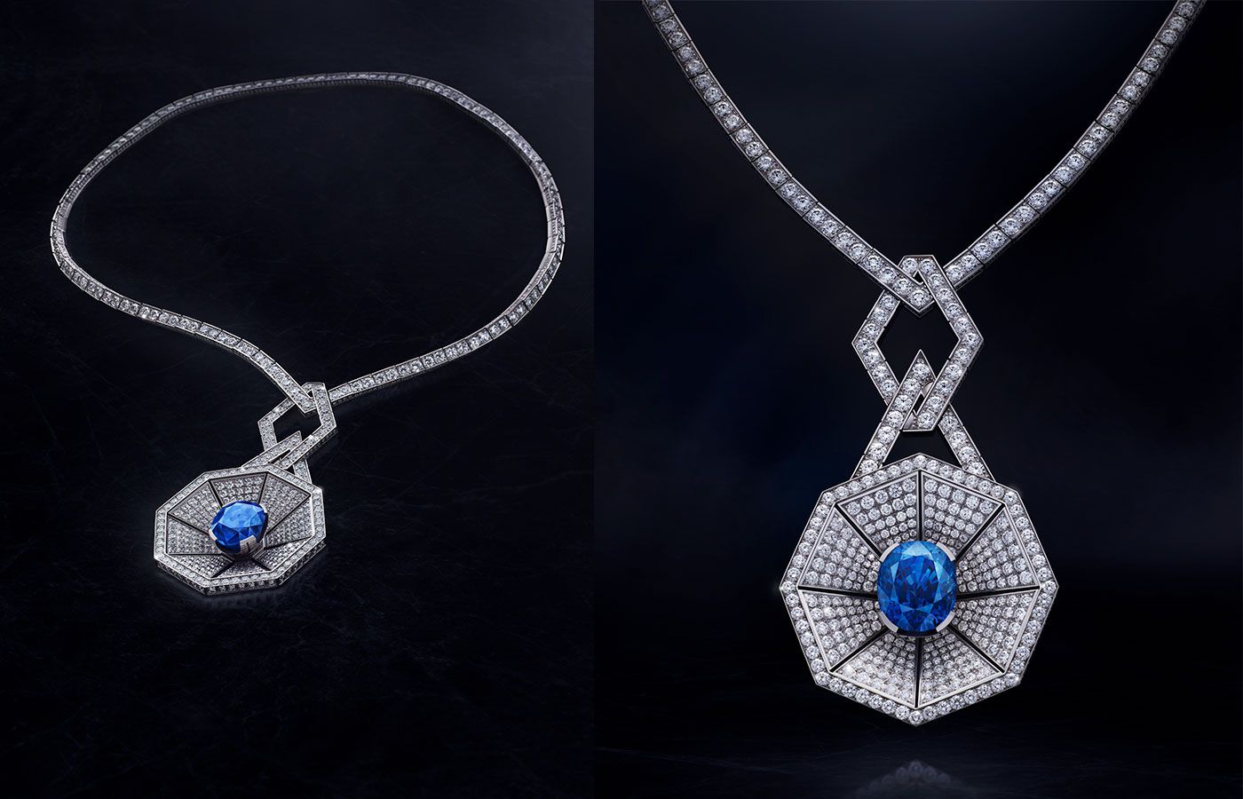 Bucherer Fine Jewellery  Octagonal High Jewellery necklace  in white gold, diamond and sapphire