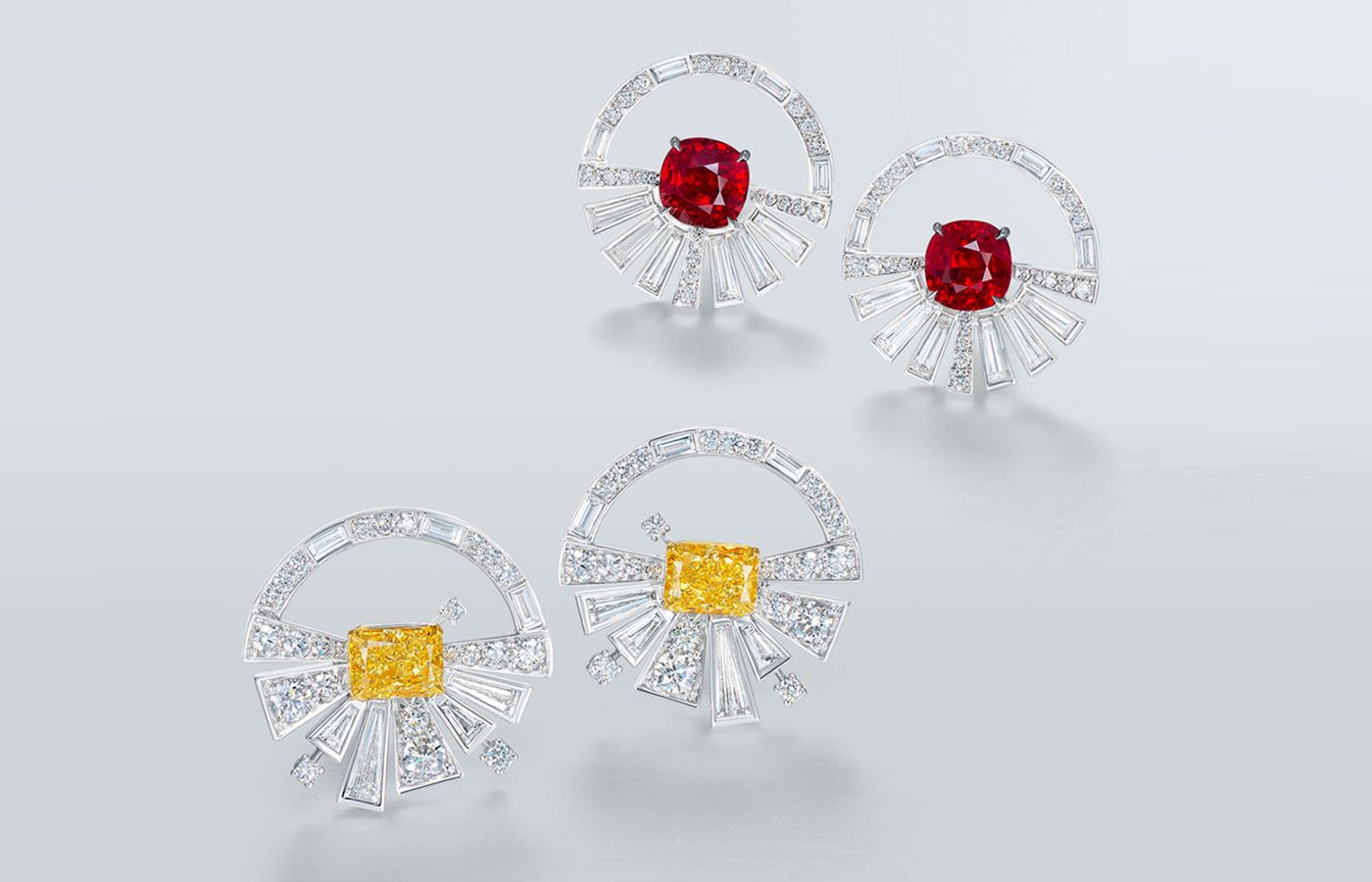  Ronald Abram 8.02-ct Burmese Ruby Carousel earrings and 4.02-ct Fancy Vivid Yellow Diamond Carousel Earrings