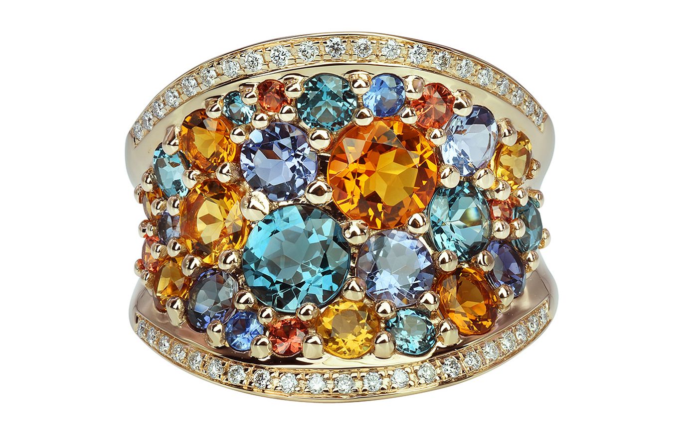   Isabelle Langlois pointillist  ring in yellow gold, diamond and coloured gemstone 