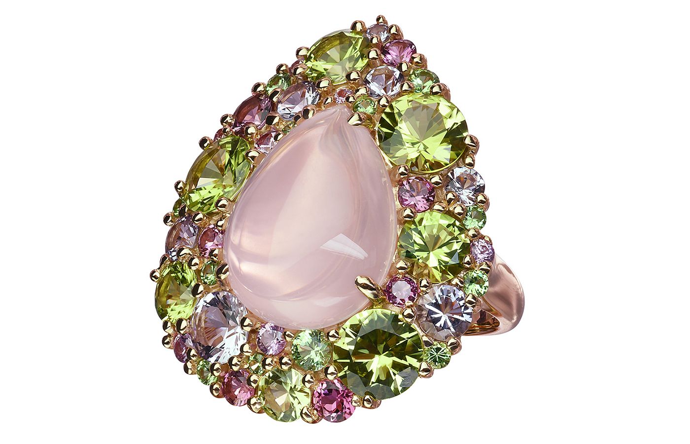  Isabelle Langlois Emotion Poire ring in rose gold, rose quartz, Rose de France, peridot, pink tourmaline, green tourmaline, pink sapphire, tsavorite and diamond