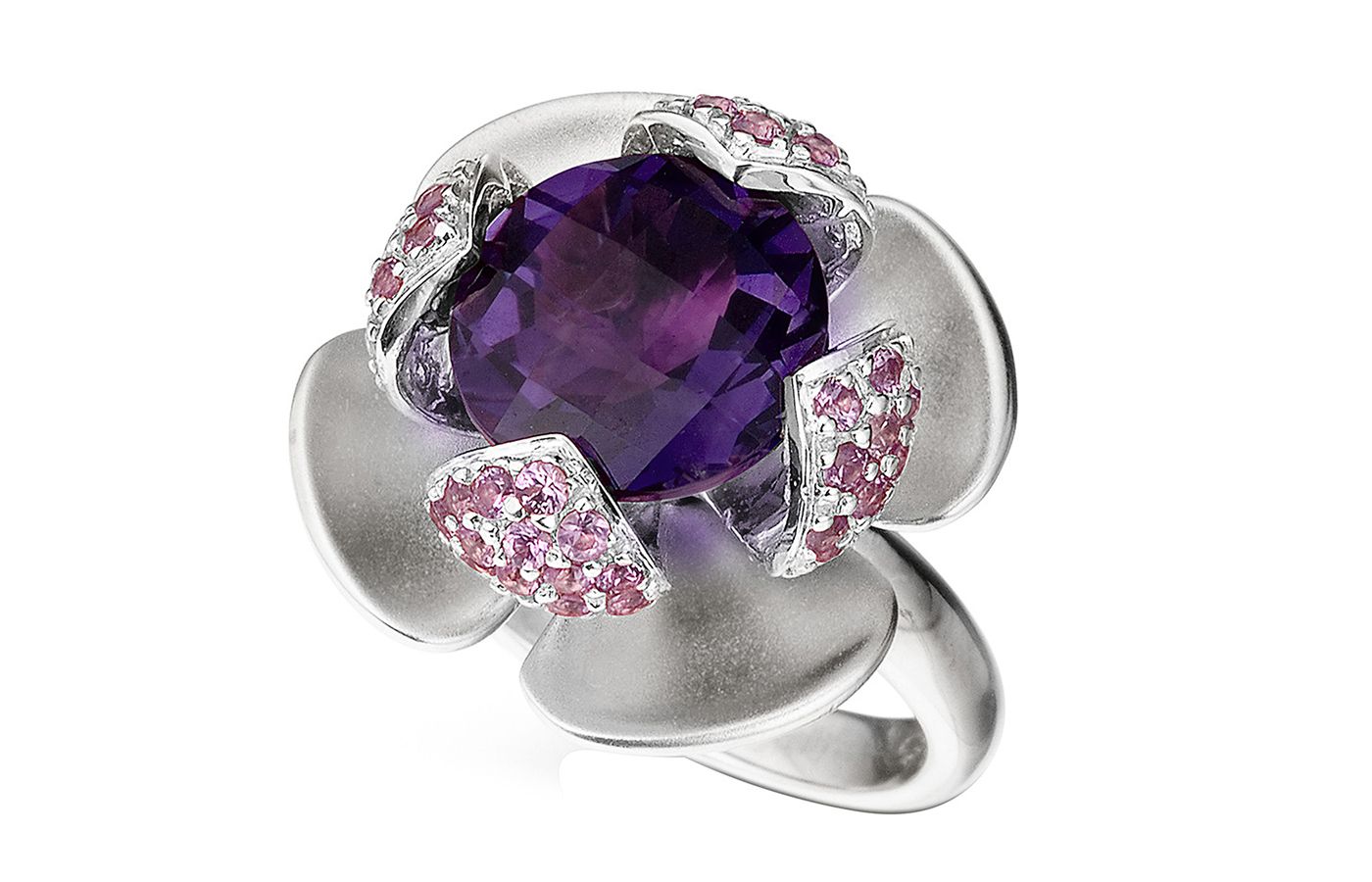   Isabelle Langlois Flora Lotus ring in white gold, amethyst and briolet pink sapphire