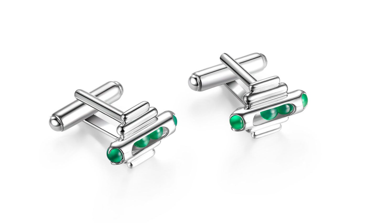  Zeemou Zeng Melody cufflinks in sterling silver, white gold and green chalcedony