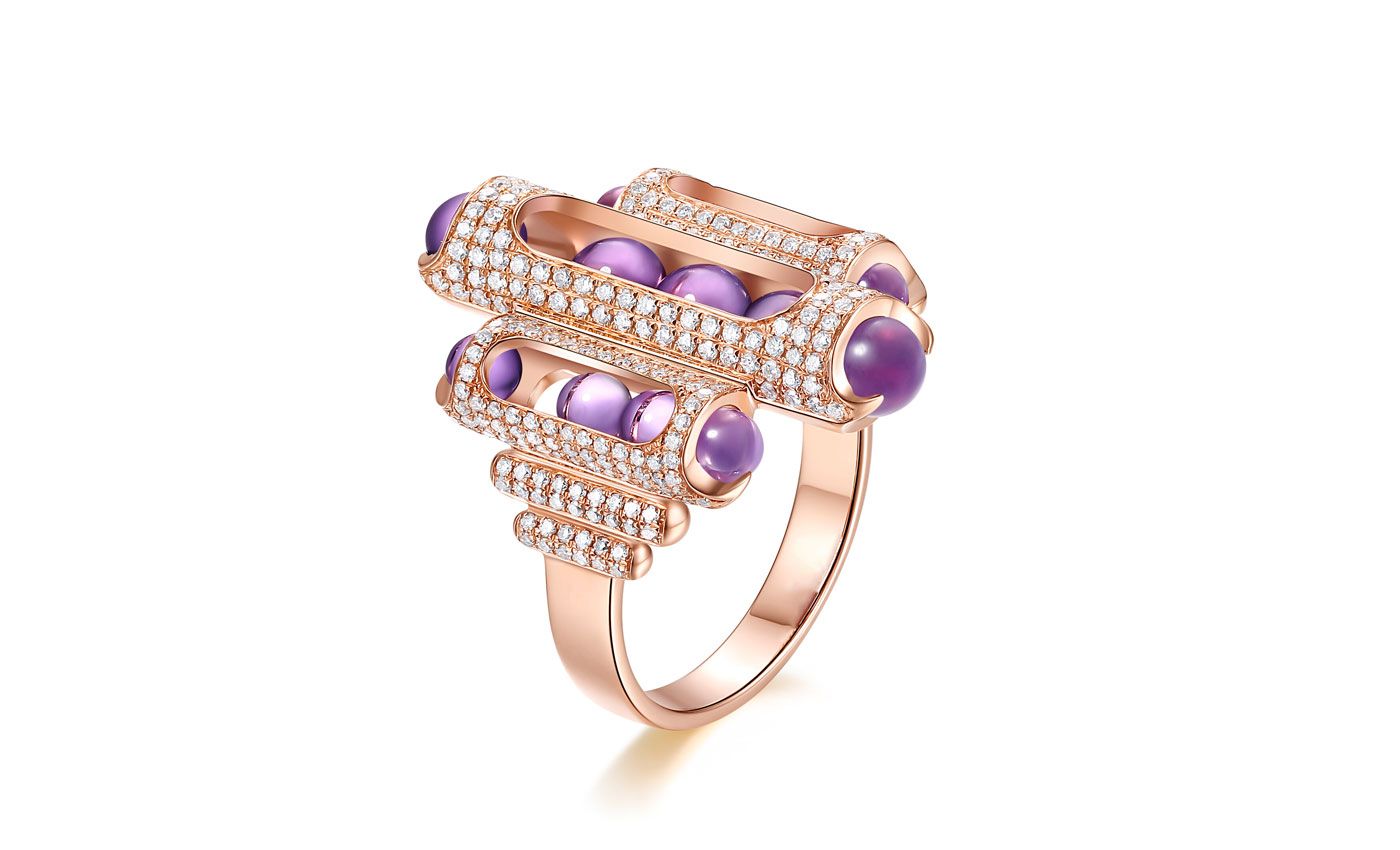 Zeemou Zeng Melody Diamond Cocktail ring in rose gold, pave diamond and amethyst