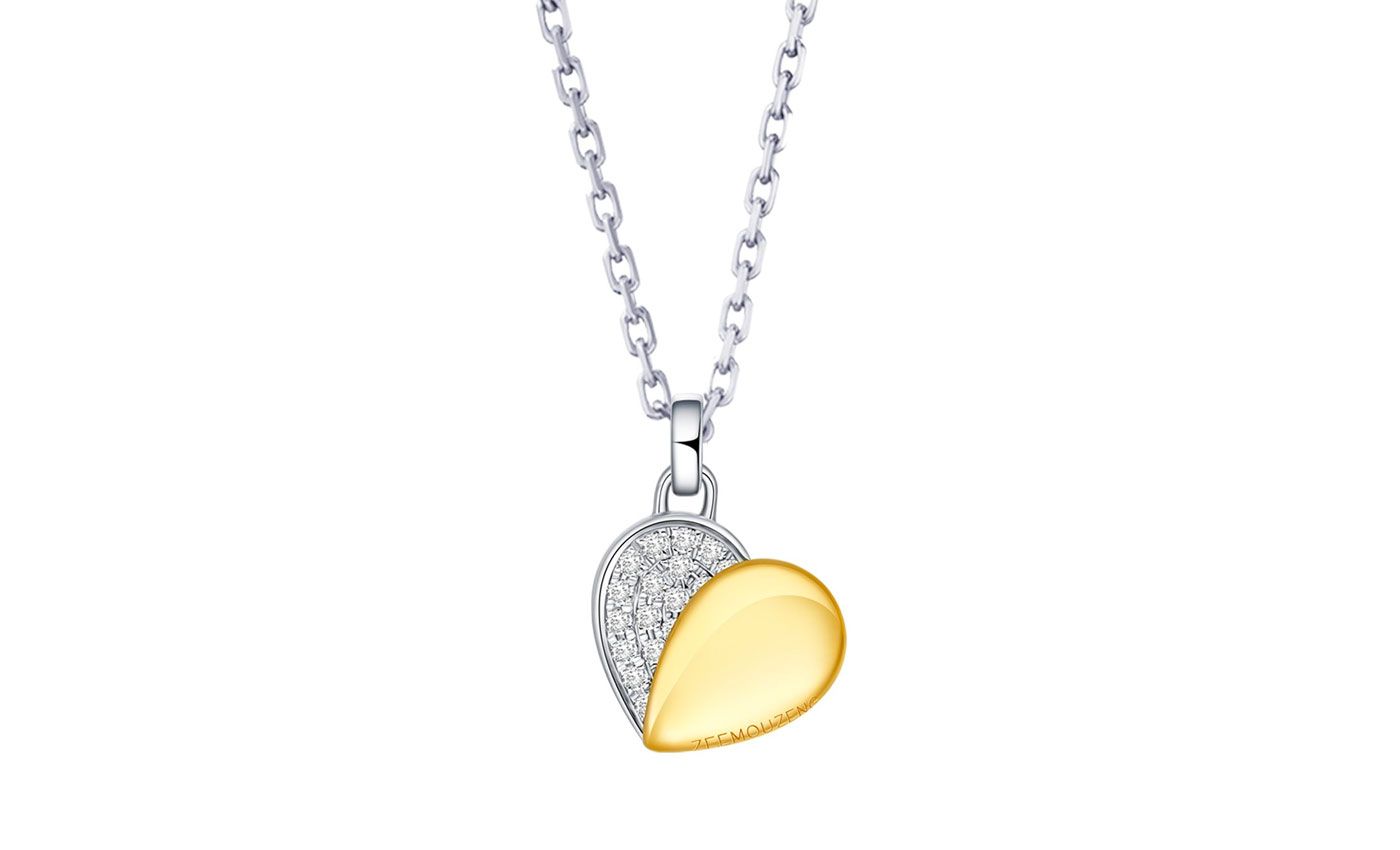  Zeemou Zeng Heart Unisex pendant necklace in white gold, yellow gold and pave diamond