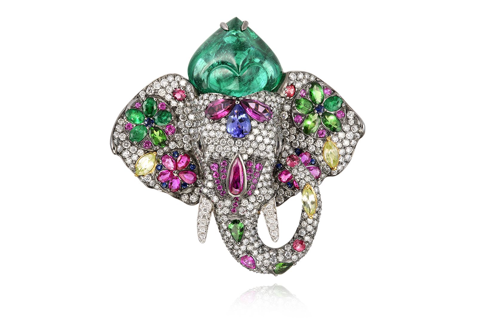 Lydia Courteille Diwali ring in coloured gemstones, carved emerald and diamond from the Indian Song High Jewellery collection