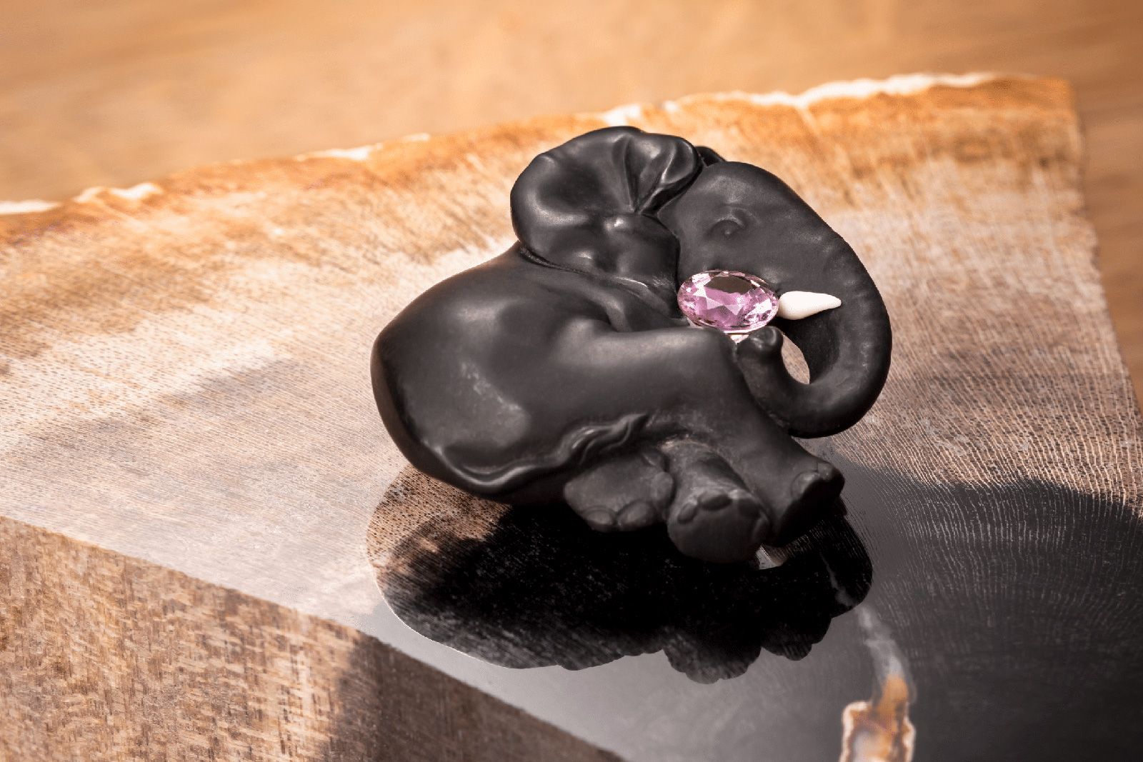 Cartier Beautés du Monde Elephant brooch in petrified magnolia wood, pink sapphire and briolette diamond from the Beautés du Monde  High Jewellery collection