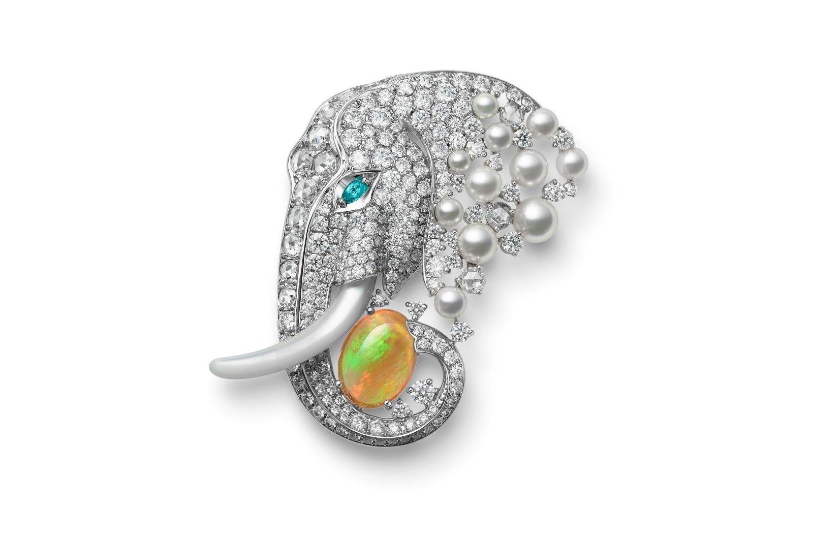 Mikimoto Elephant brooch in white gold, Akoya cultured pearl, opal, tourmaline, mother of pearl and diamond from the Wild and Wonderful High Jewellery collection