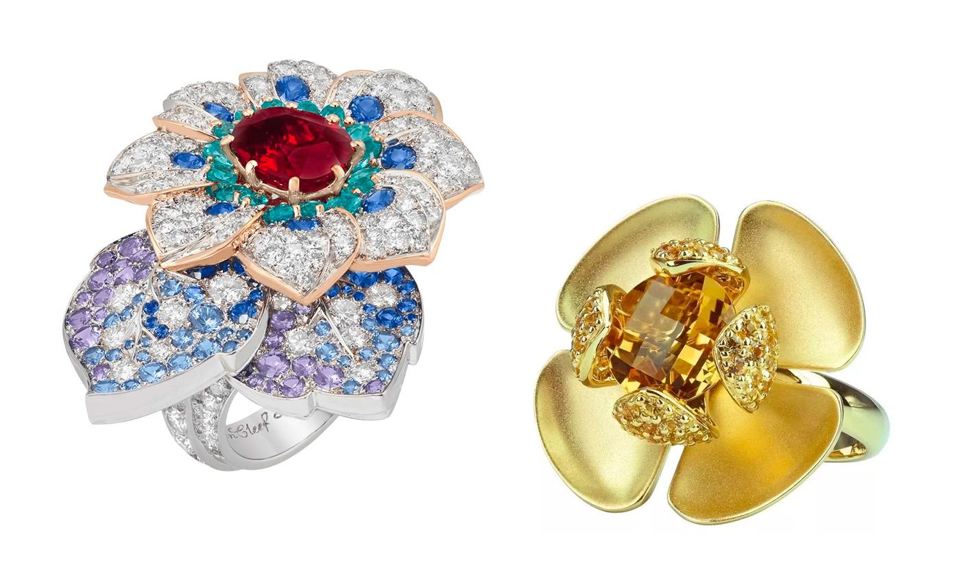 From left to right: Van Cleef & Arpels high jewellery ring and a fine jewellery creation by Isabelle Langlois 
