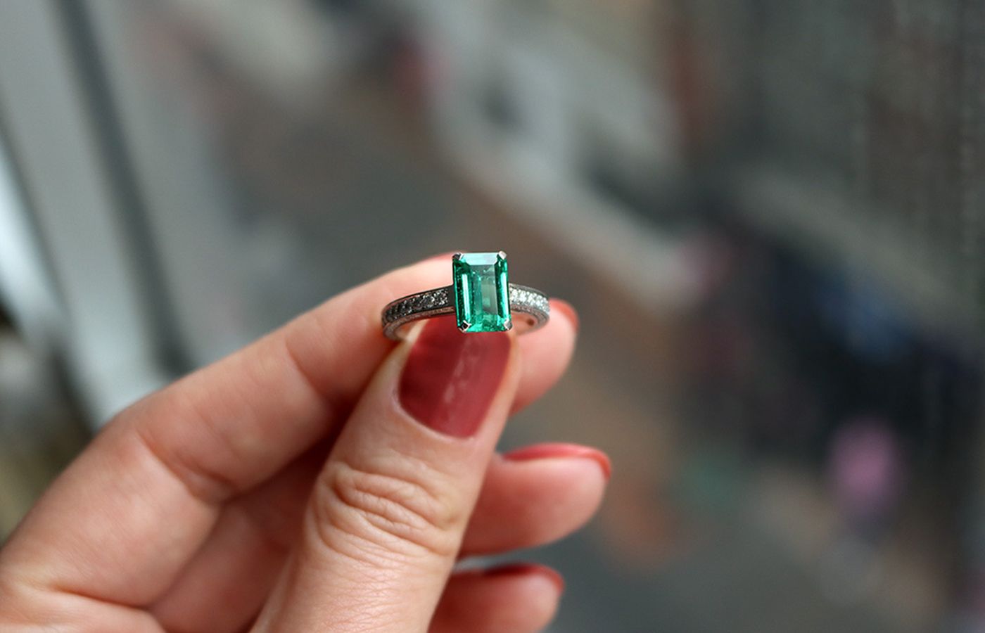 Katerina Perez looks at Colombian emerald jewellery on a visit to the International Emerald Exchange (IEEX) in Bogota in April 2022