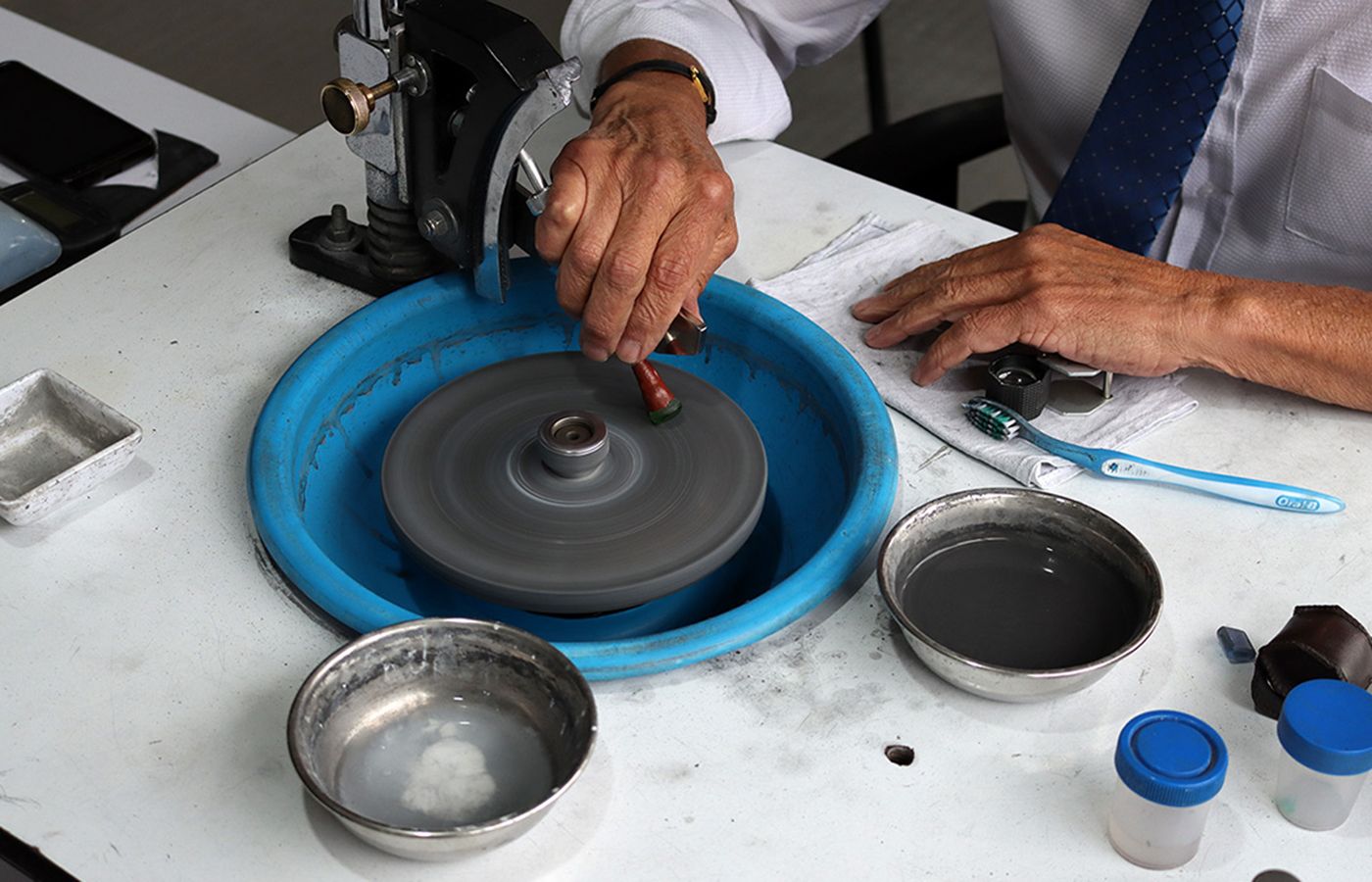 The process of cutting and polishing emeralds at the International Emerald Exchange (IEEX) in Bogota, Colombia