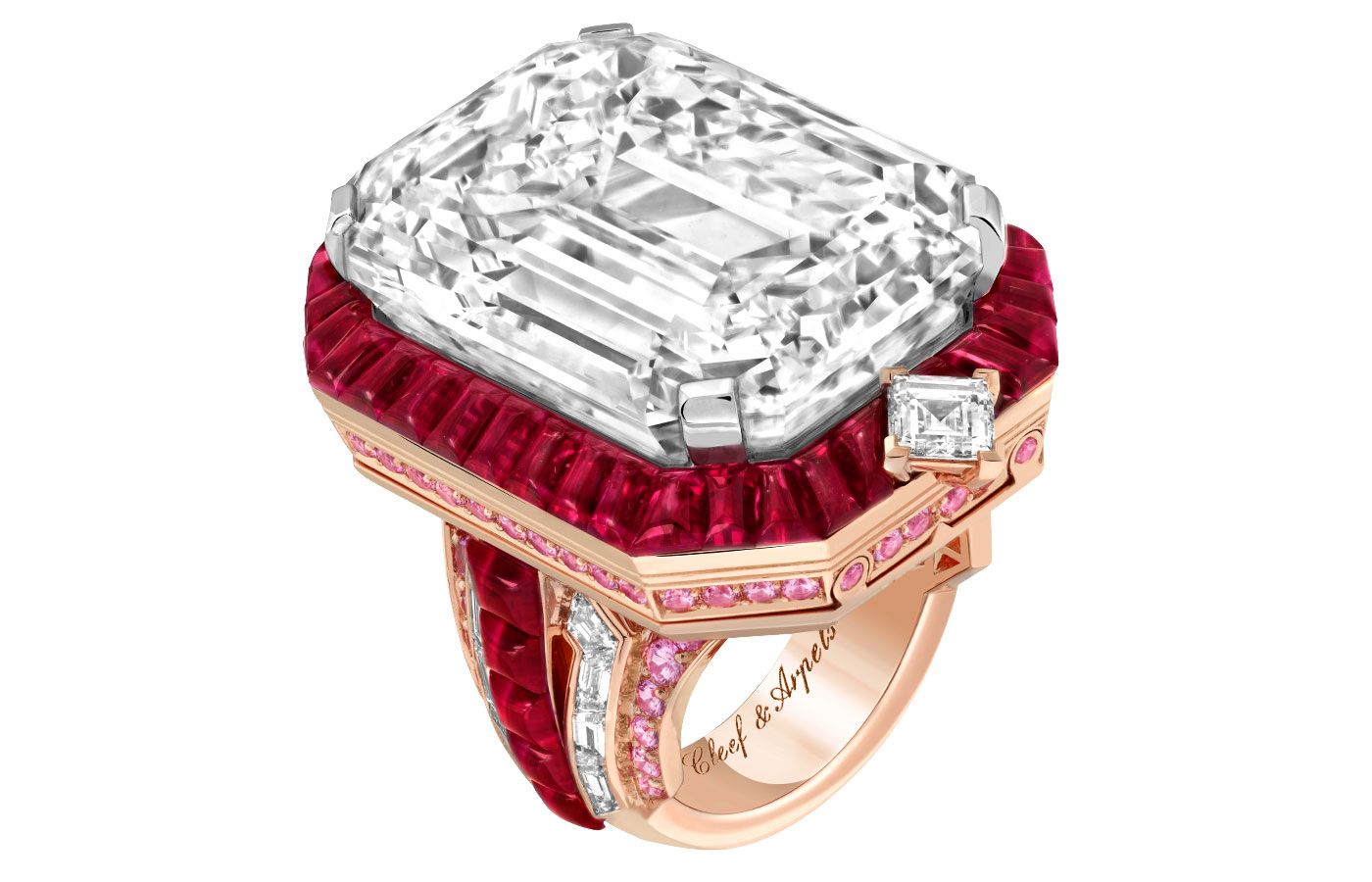  Collerette Mystérieuse Transformable ring in white gold, rose gold, two DFL Type 2A emerald-cut diamonds of 51.14 and 10.52 carats, individual mystery-set rubies, pink sapphires and diamonds
