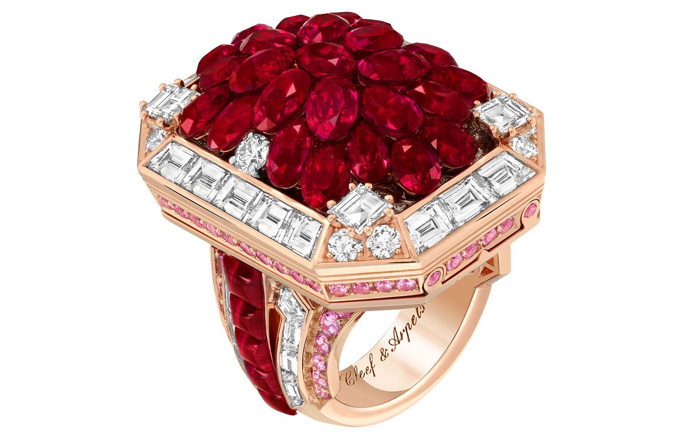  Collerette Mystérieuse Transformable ring in white gold, rose gold, two DFL Type 2A emerald-cut diamonds of 51.14 and 10.52 carats, individual mystery-set rubies, pink sapphires and diamonds