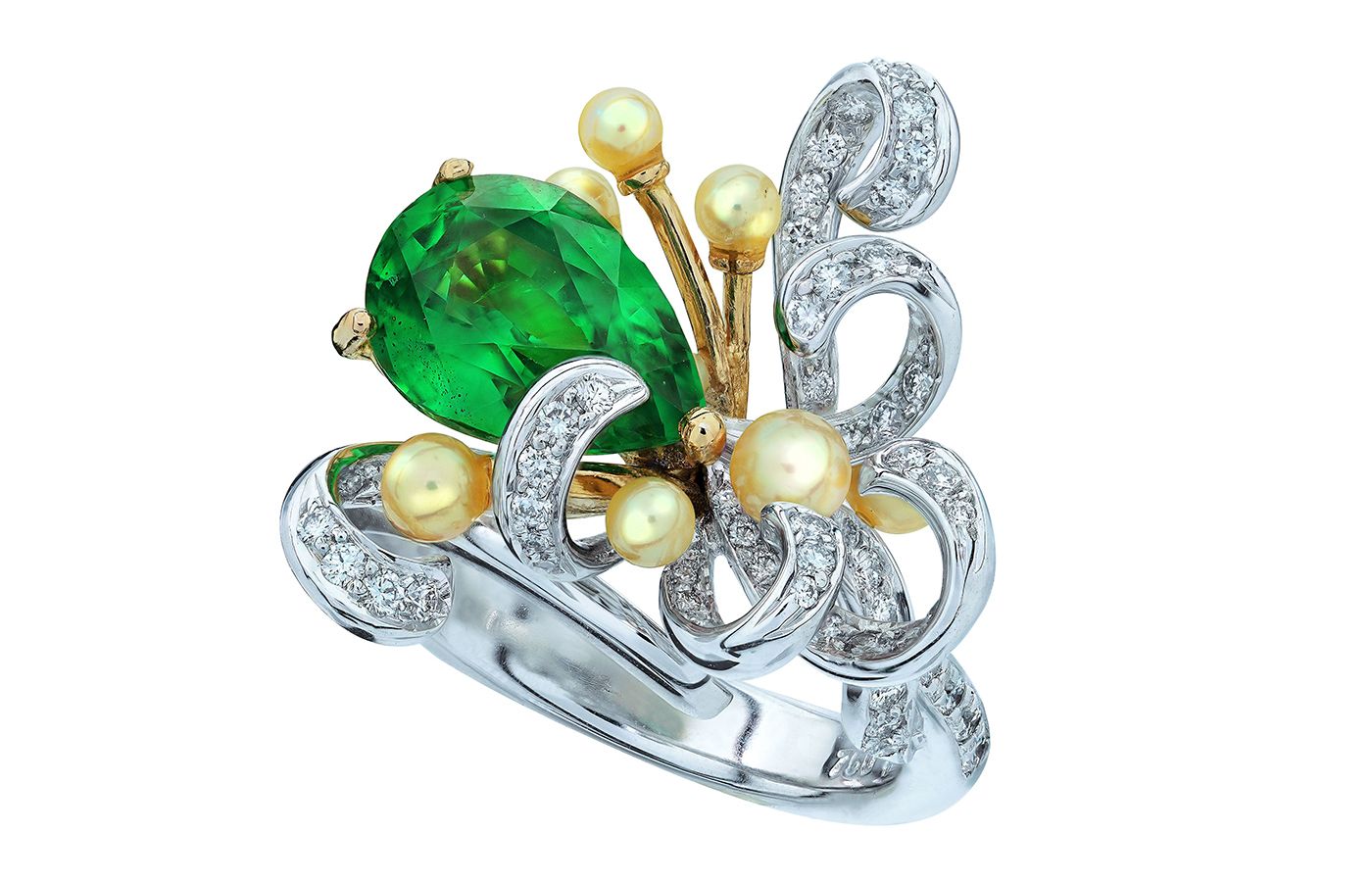 Caratell Chrysanthemum ring with tsavorite garnet, Akoya pearls and diamonds