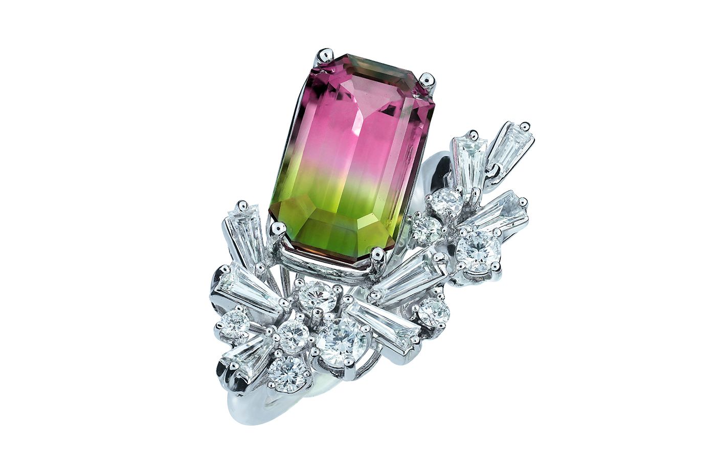  Caratell bespoke ring design with watermelon tourmaline and diamonds