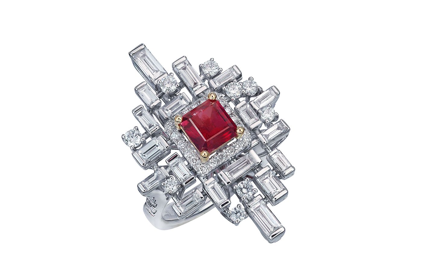  Caratell Art Deco ring design with an 0.84-carat non-oil bixbite gemstone 
