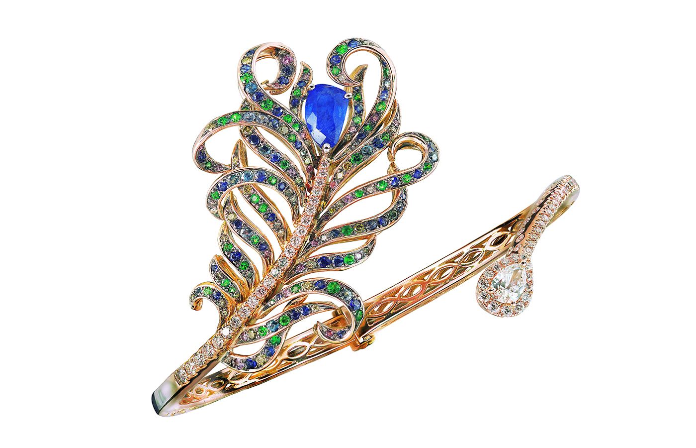  Caratell bespoke peacock feather bangle with Luc Yen cobalt blue spinel